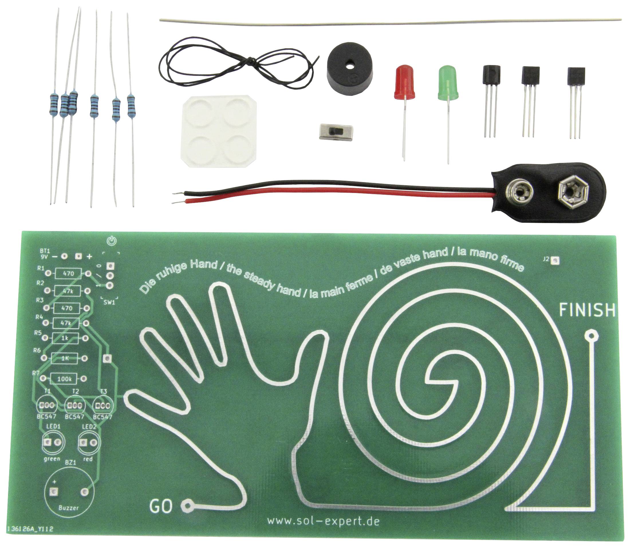 Elektronik-Bausatz mit grüner Platine und Komponenten wie Widerstände, LEDs und Batterieklemme. Hauptfigur: Spiralmuster und Handform.