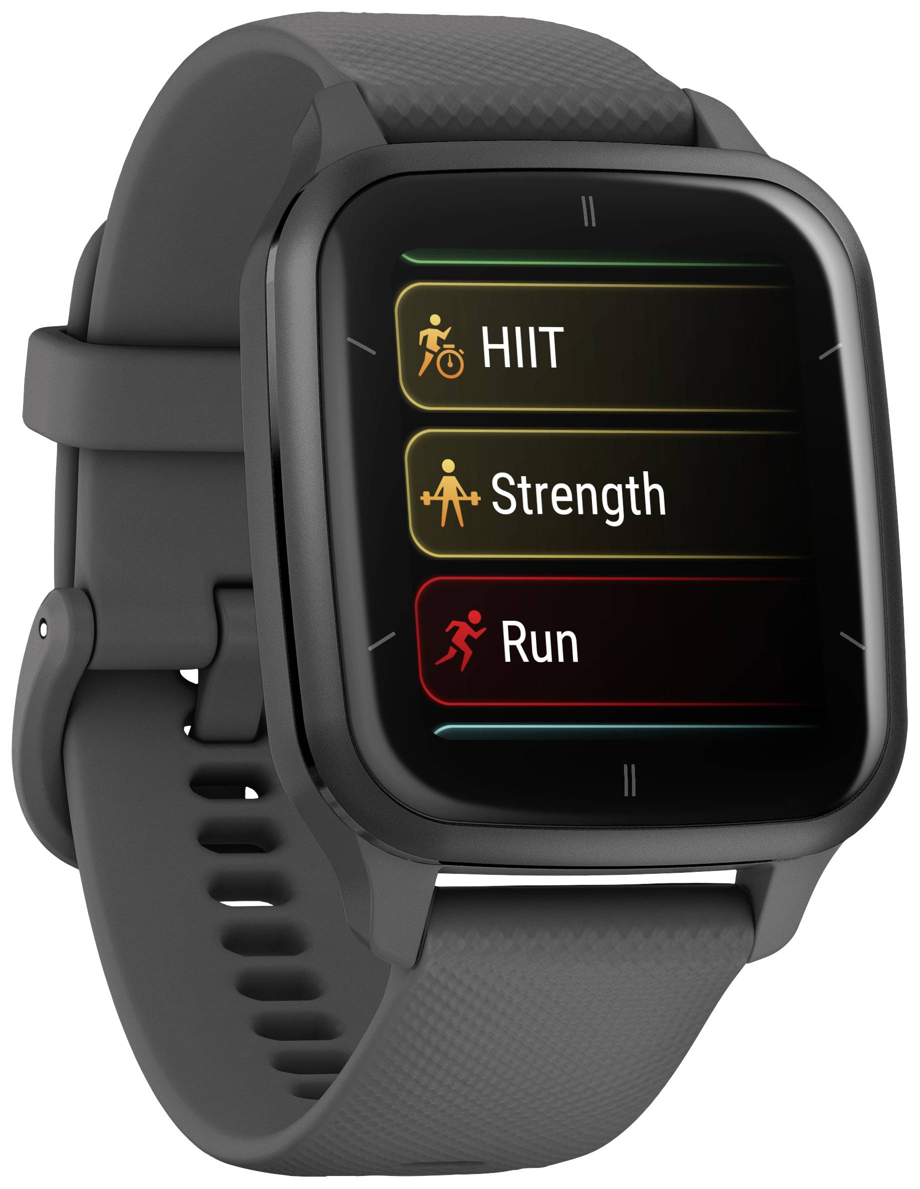 Schwarze Smartwatch zeigt drei Fitness-Modi auf dem Display: 'HIIT', 'Strength', und 'Run'. Hauptsache: Trainingseinheiten wählen.