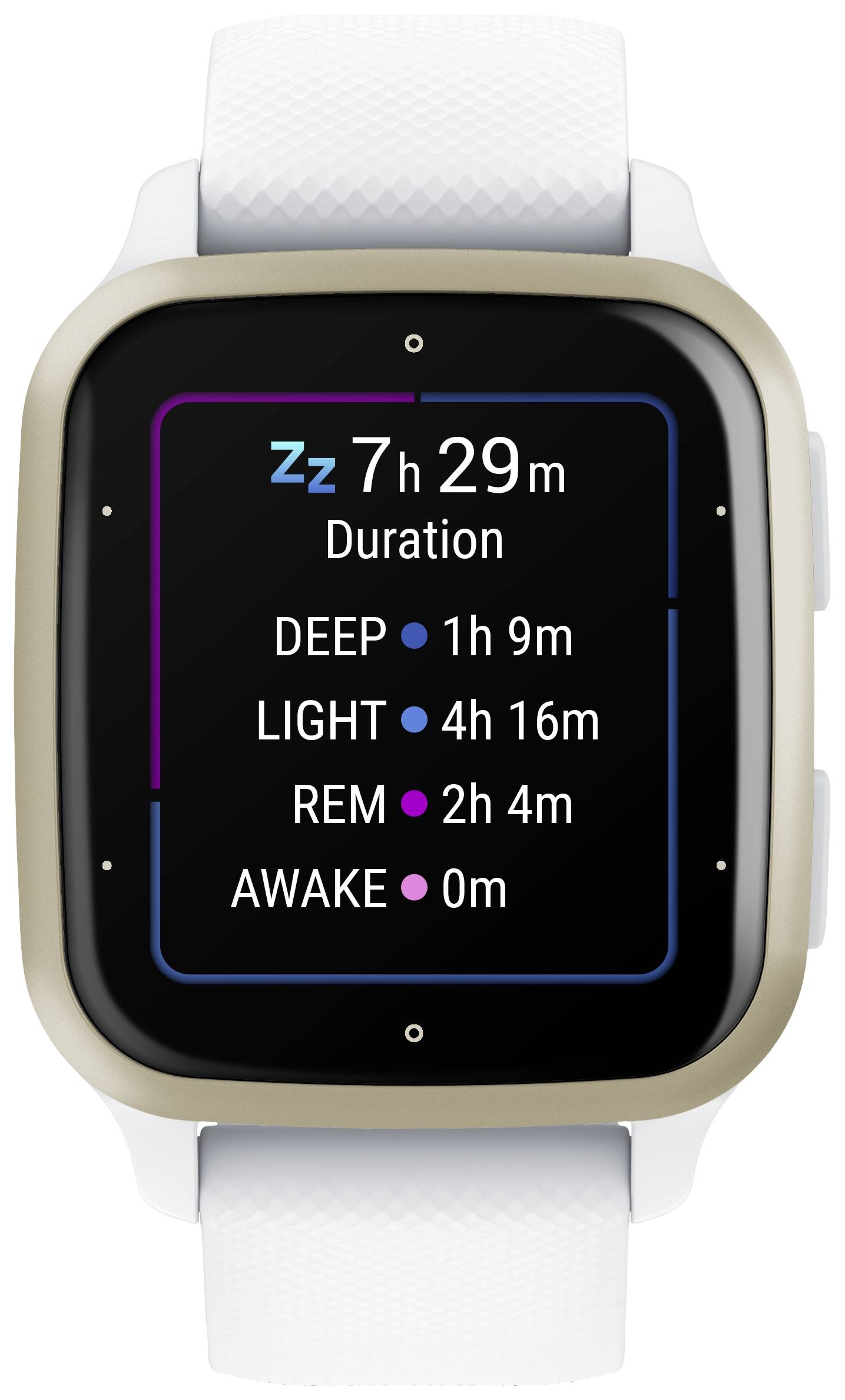 Smartwatch mit Schlafanalyseanzeige. Gesamtschlafdauer: 7 Stunden 29 Minuten. Tiefschlaf: 1 Stunde 9 Minuten. Leichtschlaf: 4 Stunden 16 Minuten. REM: 2 Stunden 4 Minuten. Wach: 0 Minuten.
