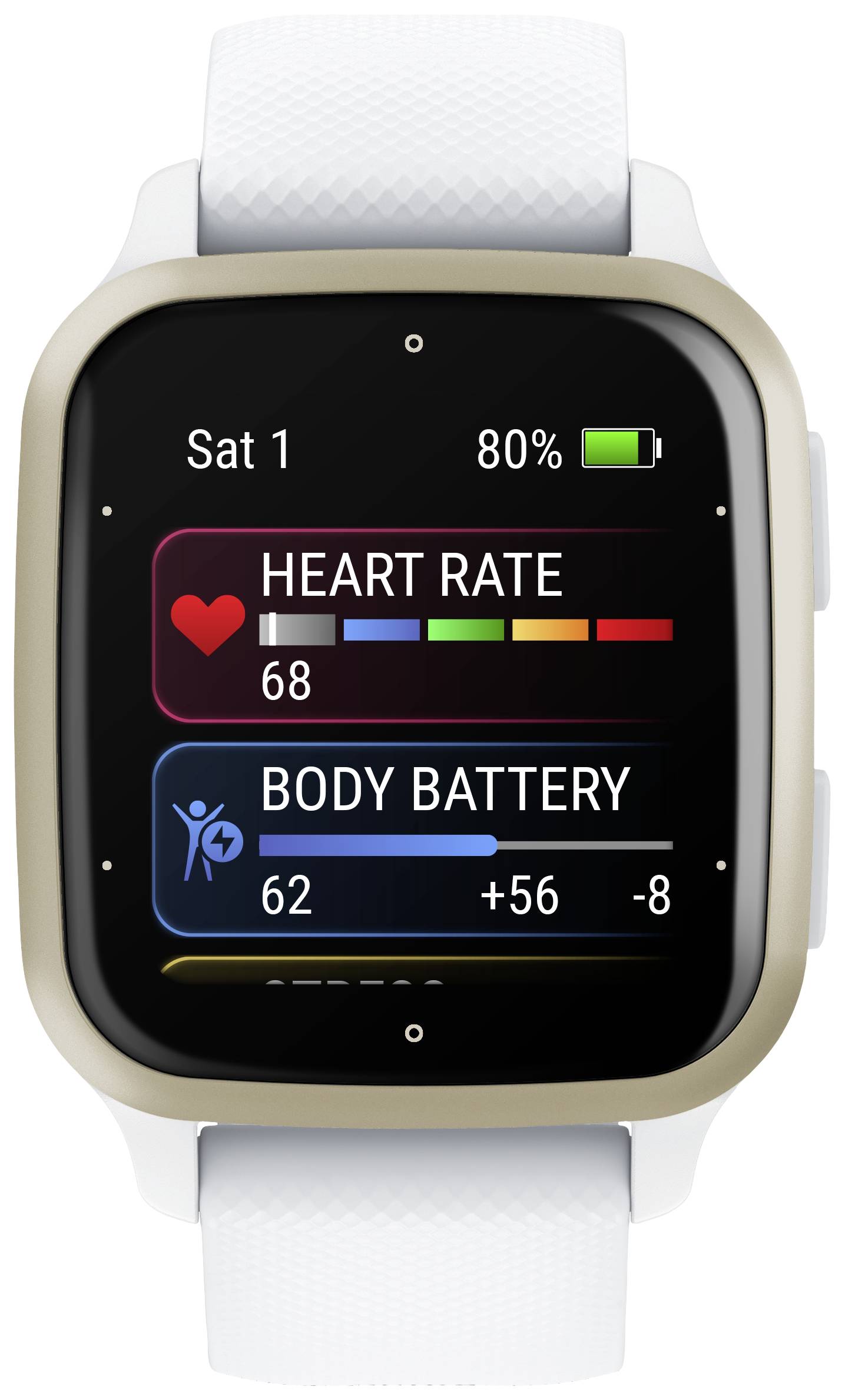 Smartwatch-Oberfläche zeigt Herzfrequenz von 68, Körperenergie 62 und Batteriestatus 80% an.