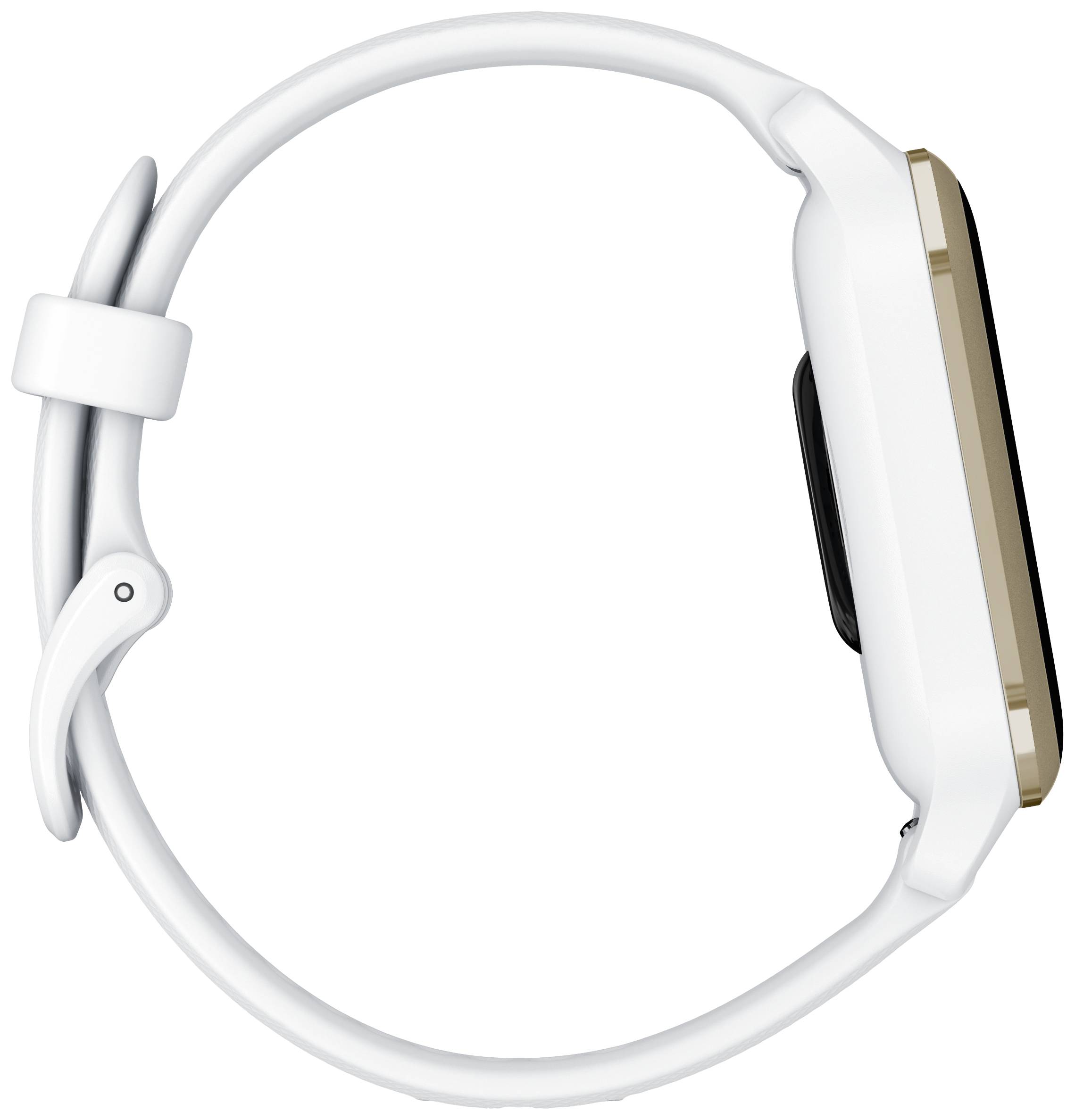 Eine Smartwatch mit einem weißen Armband und seitlicher Ansicht des goldfarbenen Gehäuses.