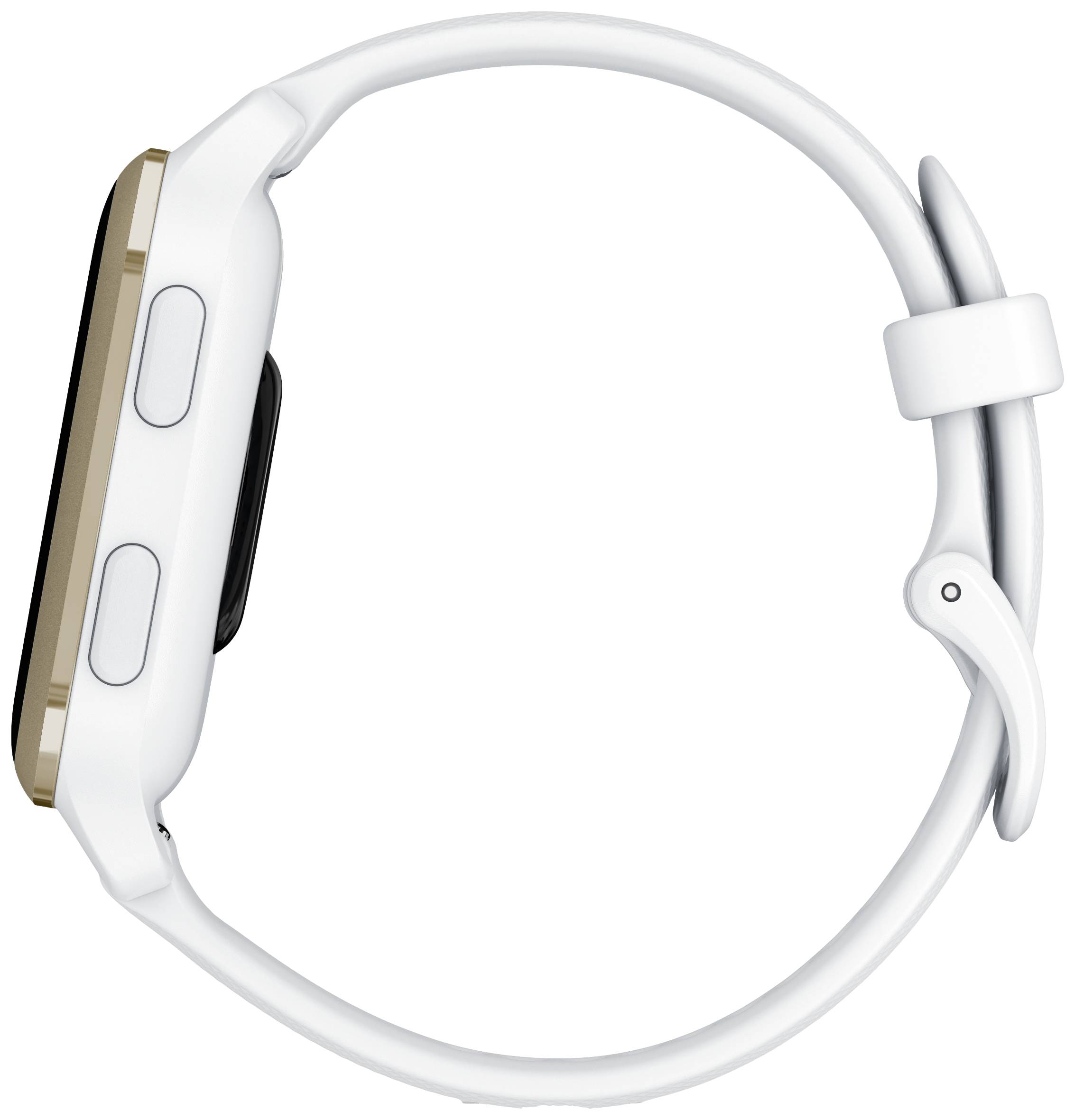 Eine Smartwatch mit weißem Armband und goldener Umrandung, Seitenansicht, zeigt Buttons zur Steuerung.