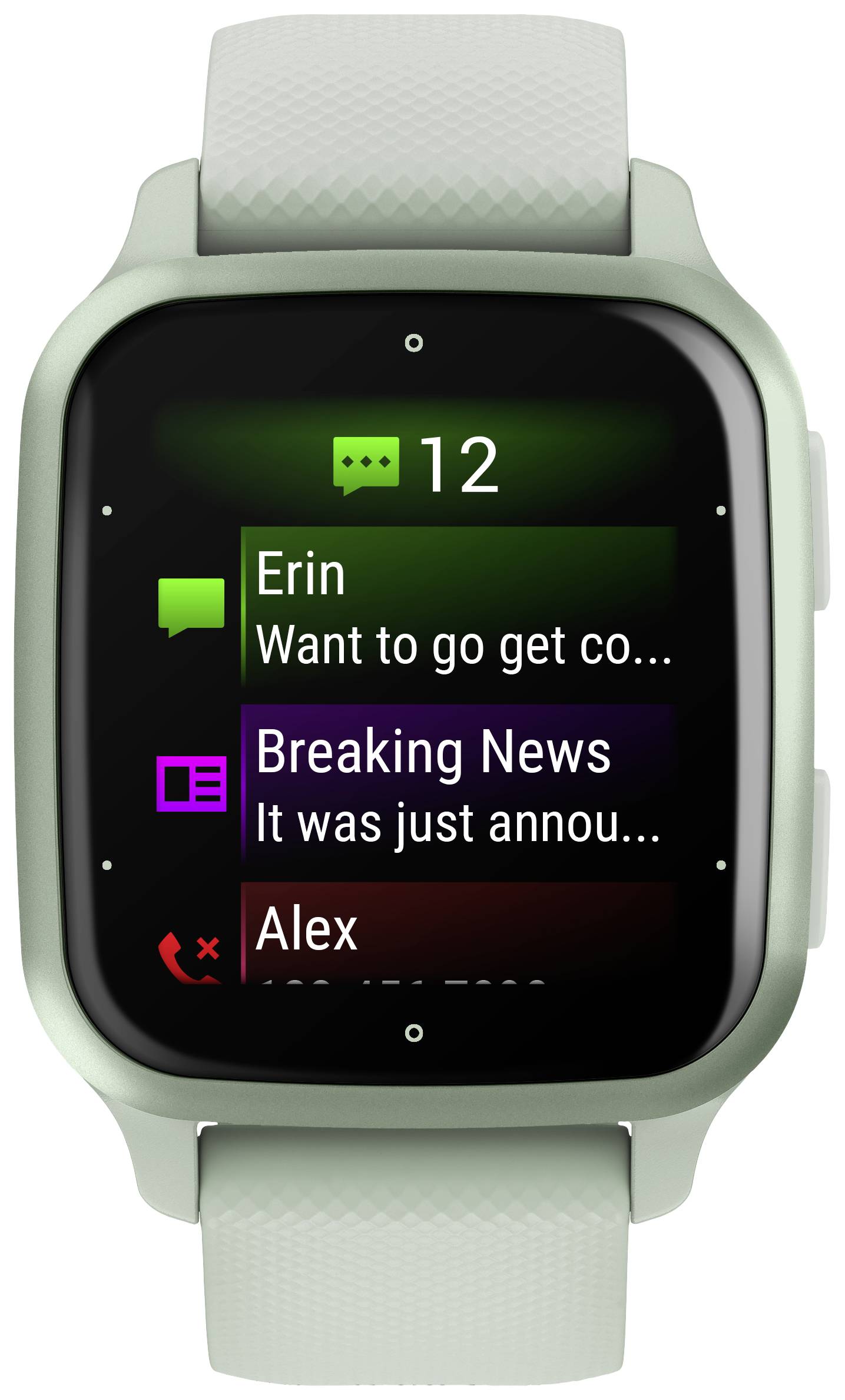 Digitale Armbanduhr mit Nachrichtenbenachrichtigungen: '12 neue Nachrichten', von 'Erin', 'Breaking News' und 'Alex'.