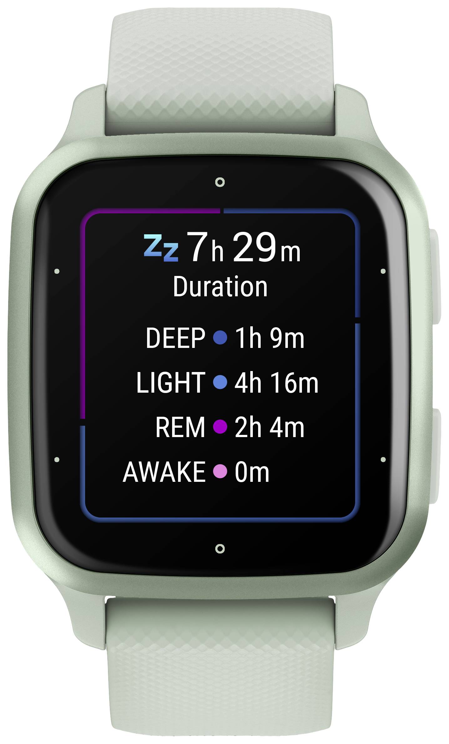Smartwatch-Bildschirm zeigt Schlafanalyse: 'Dauer 7h 29m', 'Tief 1h 9m', 'Leicht 4h 16m', 'REM 2h 4m', 'Wach 0m'.