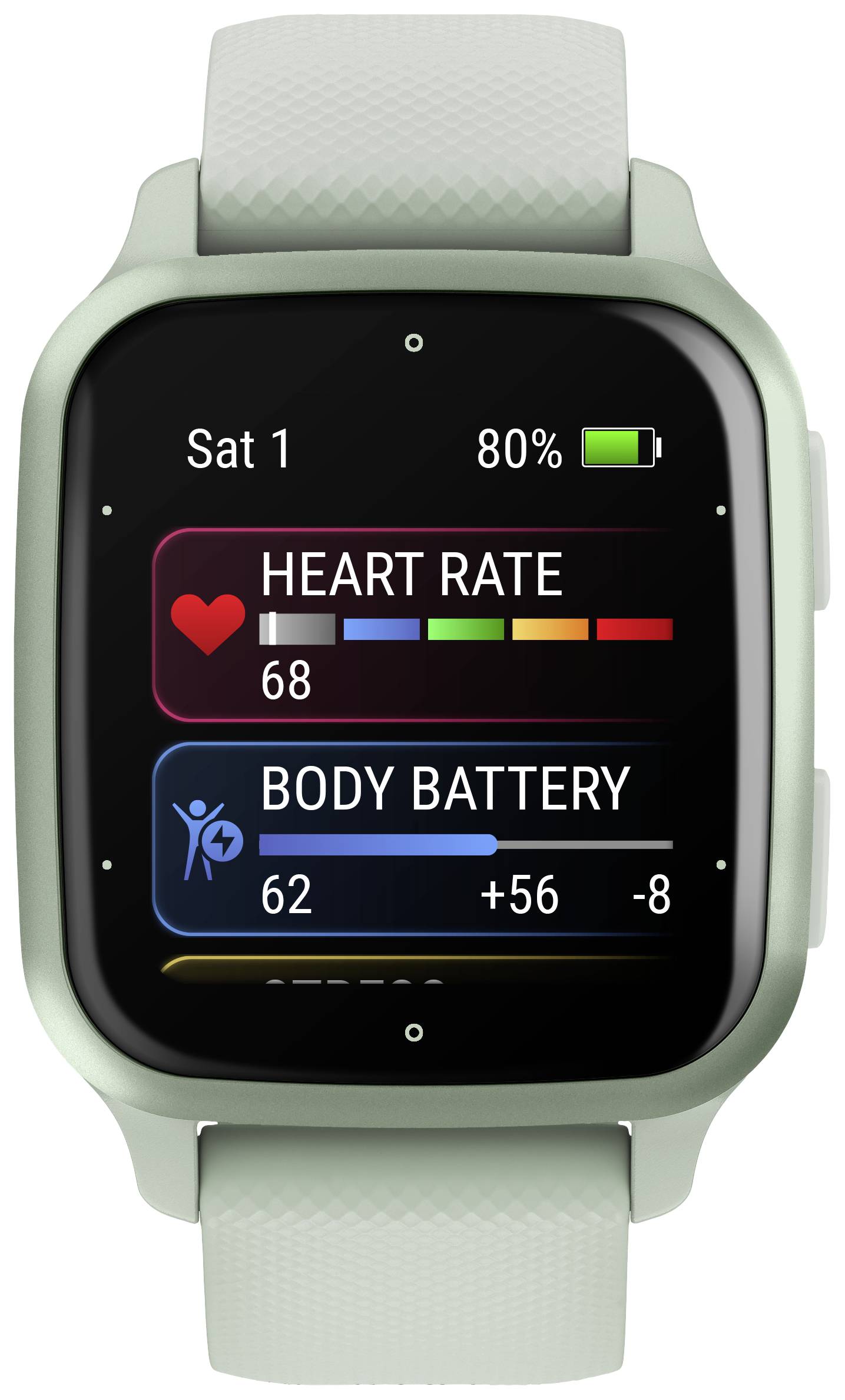 Eine Smartwatch zeigt 'Herzfrequenz 68' und 'Körperbatterie 62'. Batteriestand 80%. Heute ist Samstag, der 1.