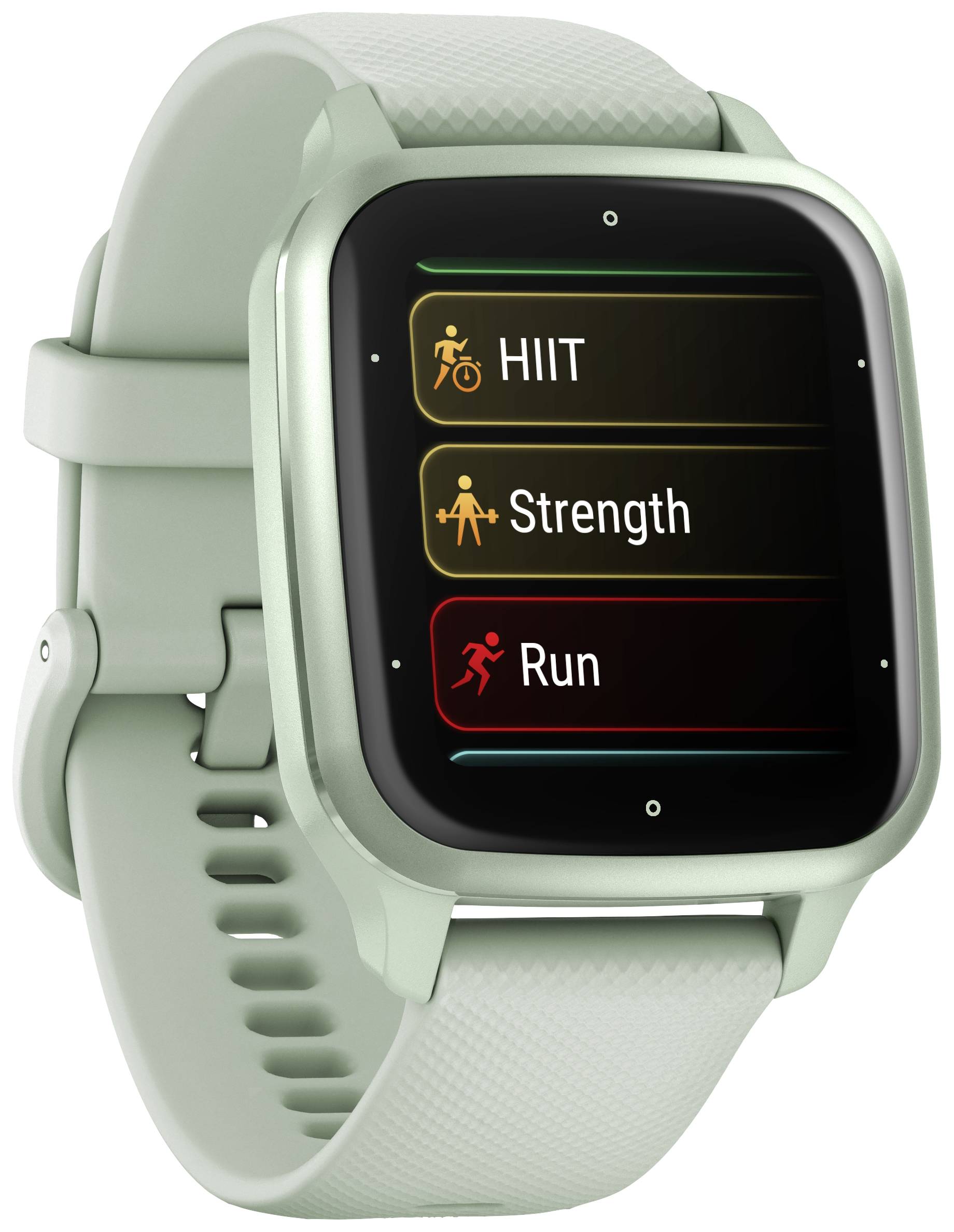 Smartwatch in grün mit drei Trainingsmodi auf dem Bildschirm: 'HIIT', 'Strength', 'Run'.