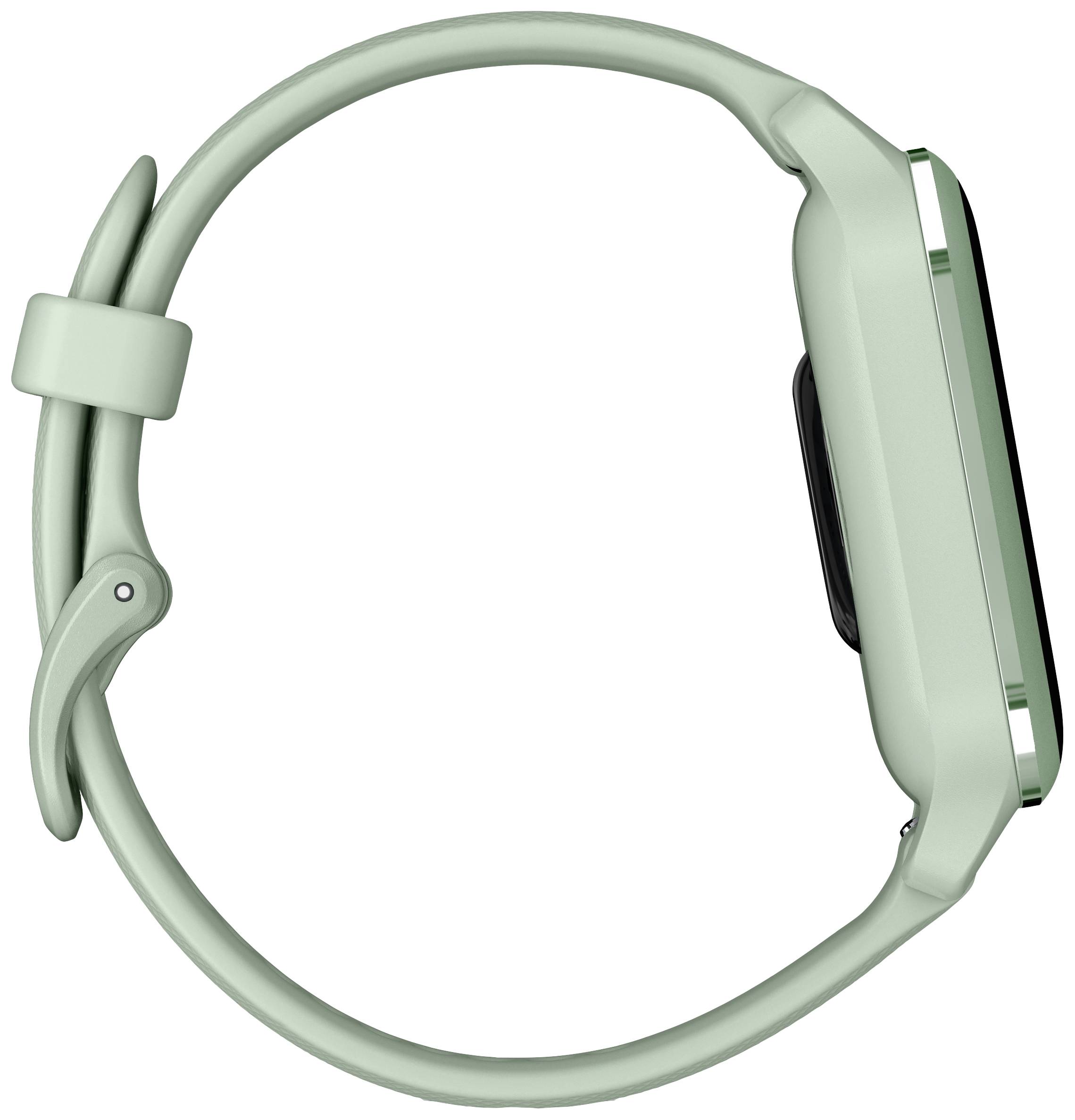 Eine grüne Smartwatch, seitlich betrachtet, mit einem schlanken Design und einem passenden Armband.