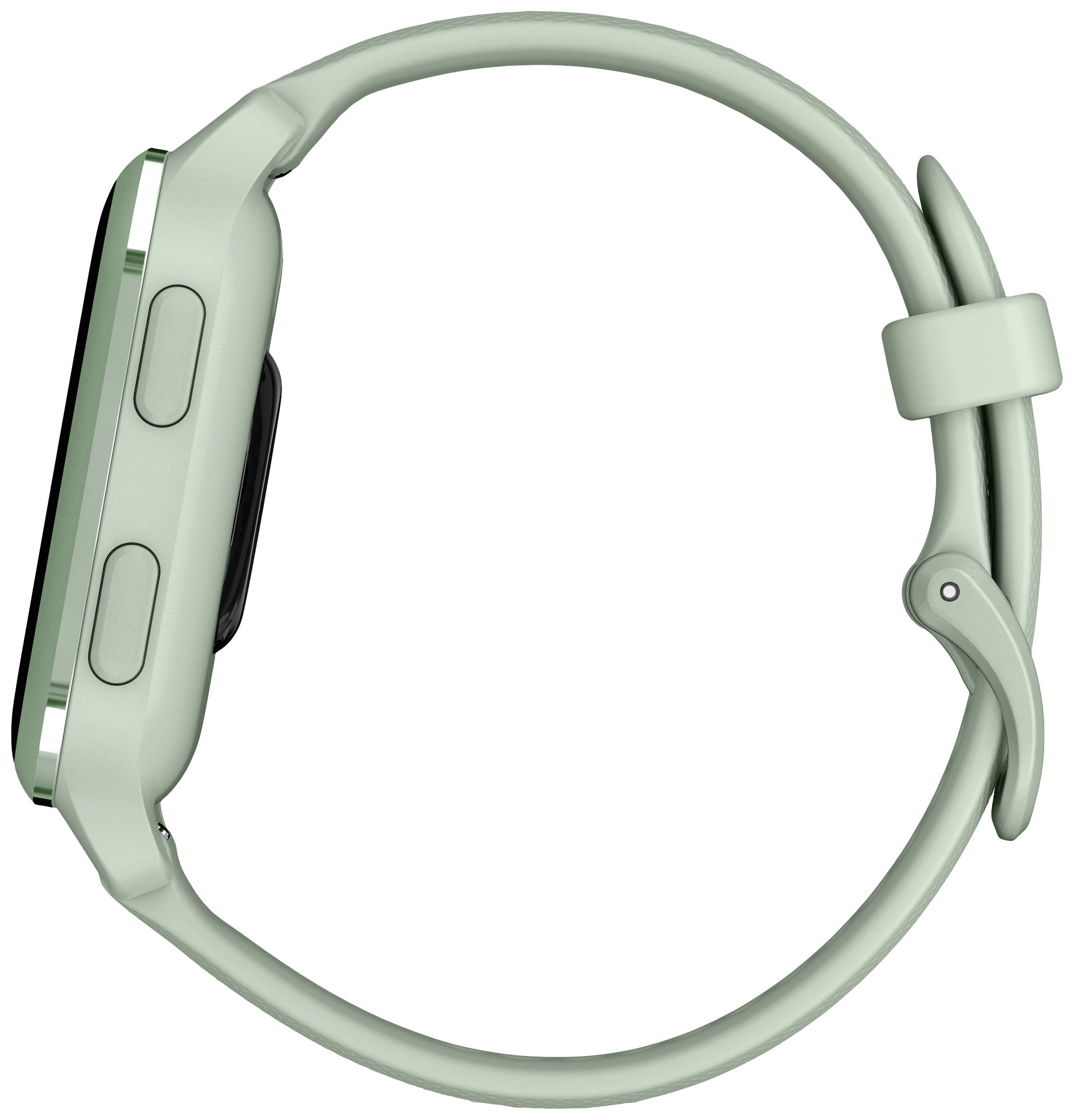 Eine grüne Smartwatch in Seitenansicht, zeigt das Zifferblatt links, mit zwei seitlichen Tasten und einem verstellbaren Armband.