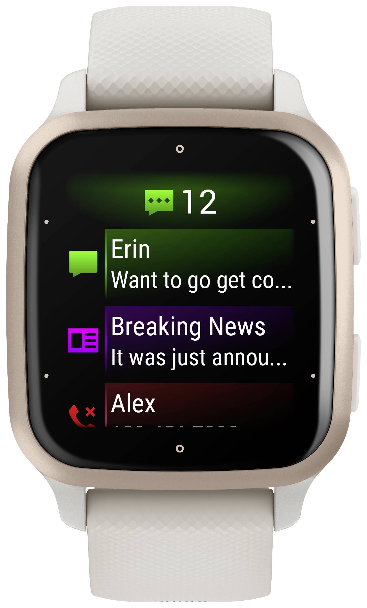 Benachrichtigungen auf einer Smartwatch: Nachricht von 'Erin', News-Update und verpasster Anruf von 'Alex'.