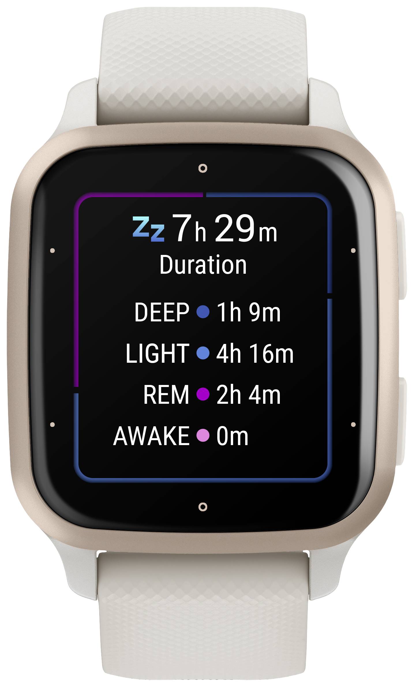 Smartwatch mit Schlafanalyse-Anzeige: Gesamt 7h 29min; Tiefschlaf 1h 9min, leichter Schlaf 4h 16min, REM 2h 4min, wach 0min.