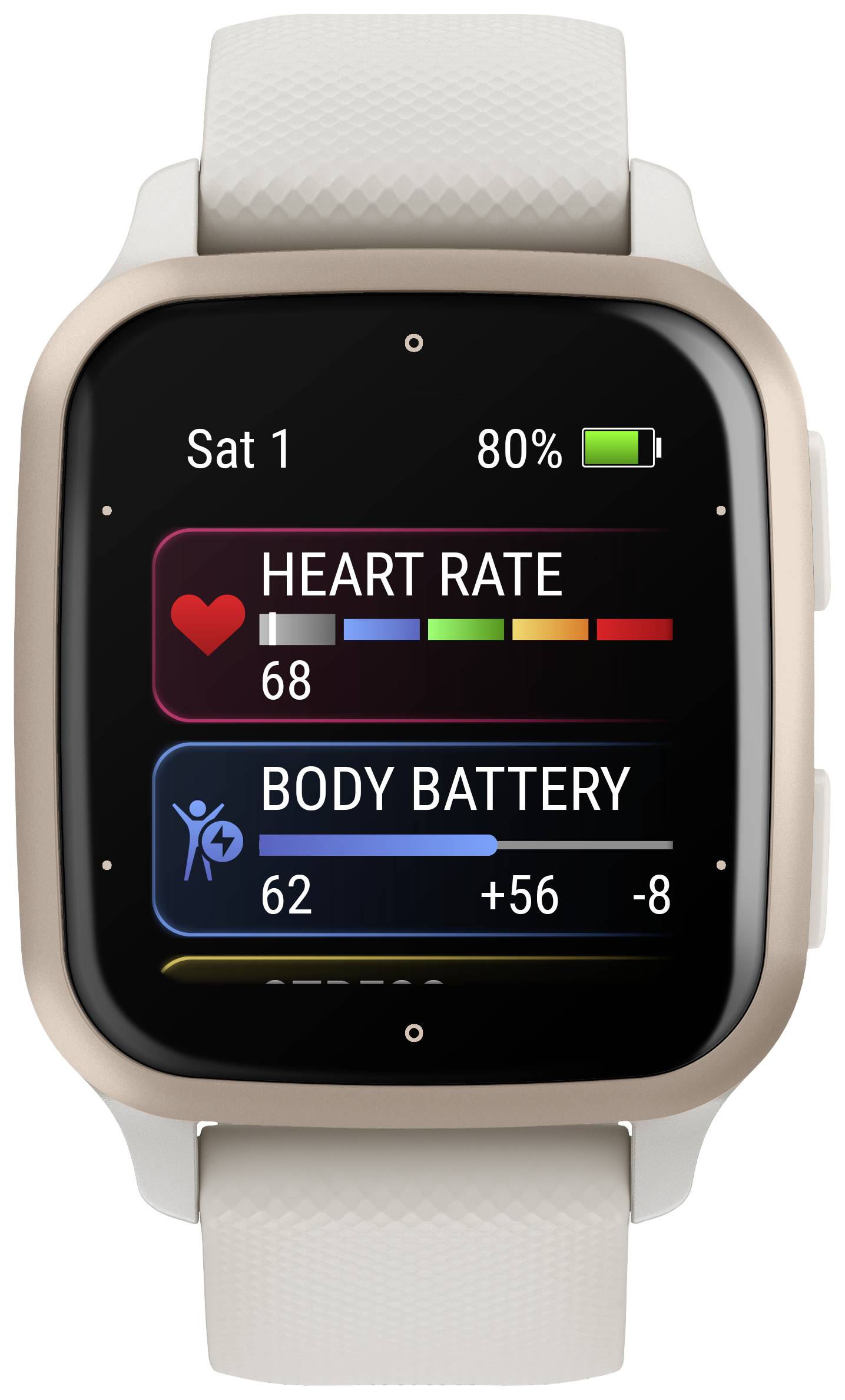 Smartwatch-Bildschirm zeigt Herzfrequenz 68, Körperakku 62, Energieveränderung +56 und Anzeige 80% Batteriestatus.