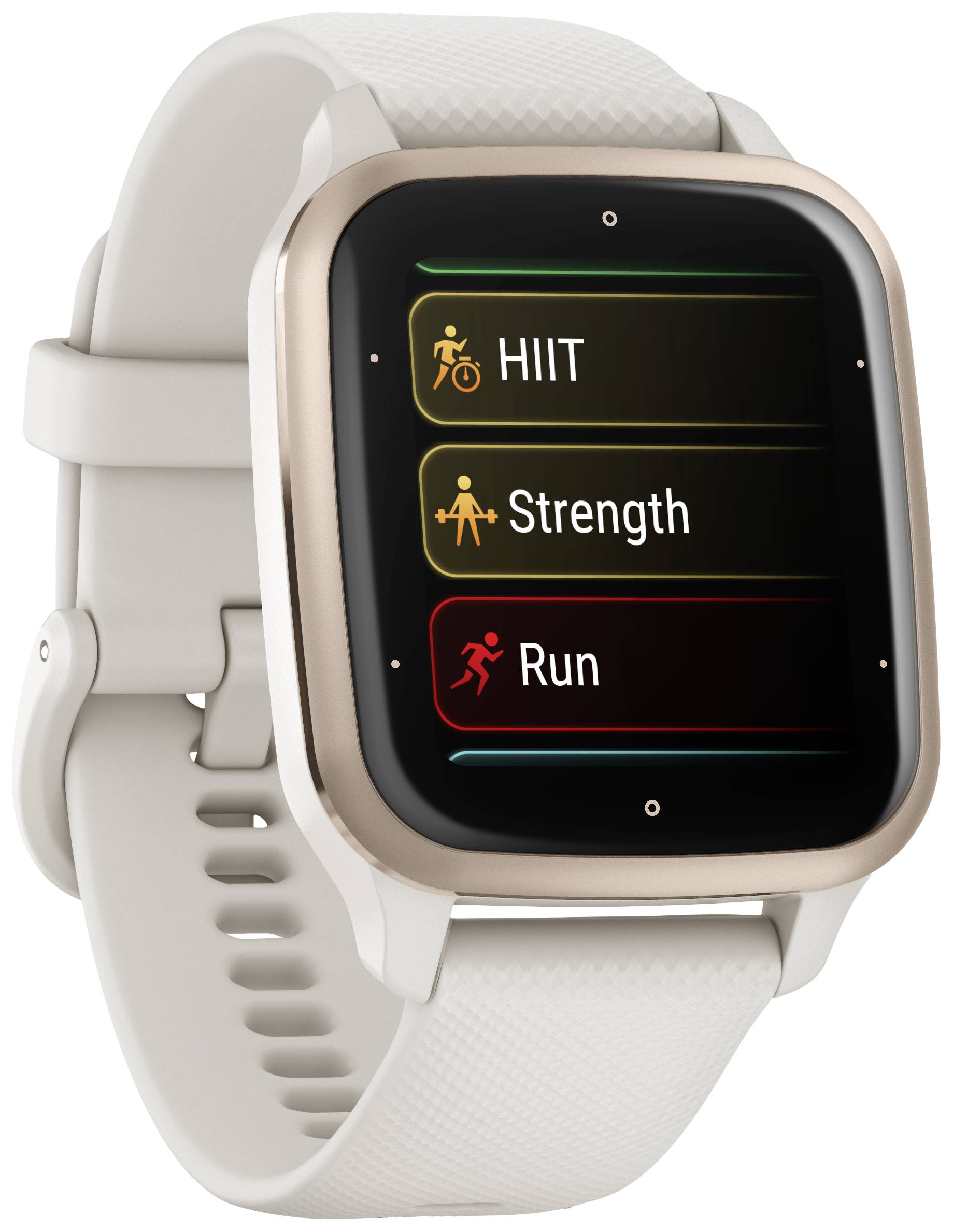 Eine Smartwatch mit weißem Armband zeigt auf dem Bildschirm drei Optionen: 'HIIT', 'Strength' und 'Run'.