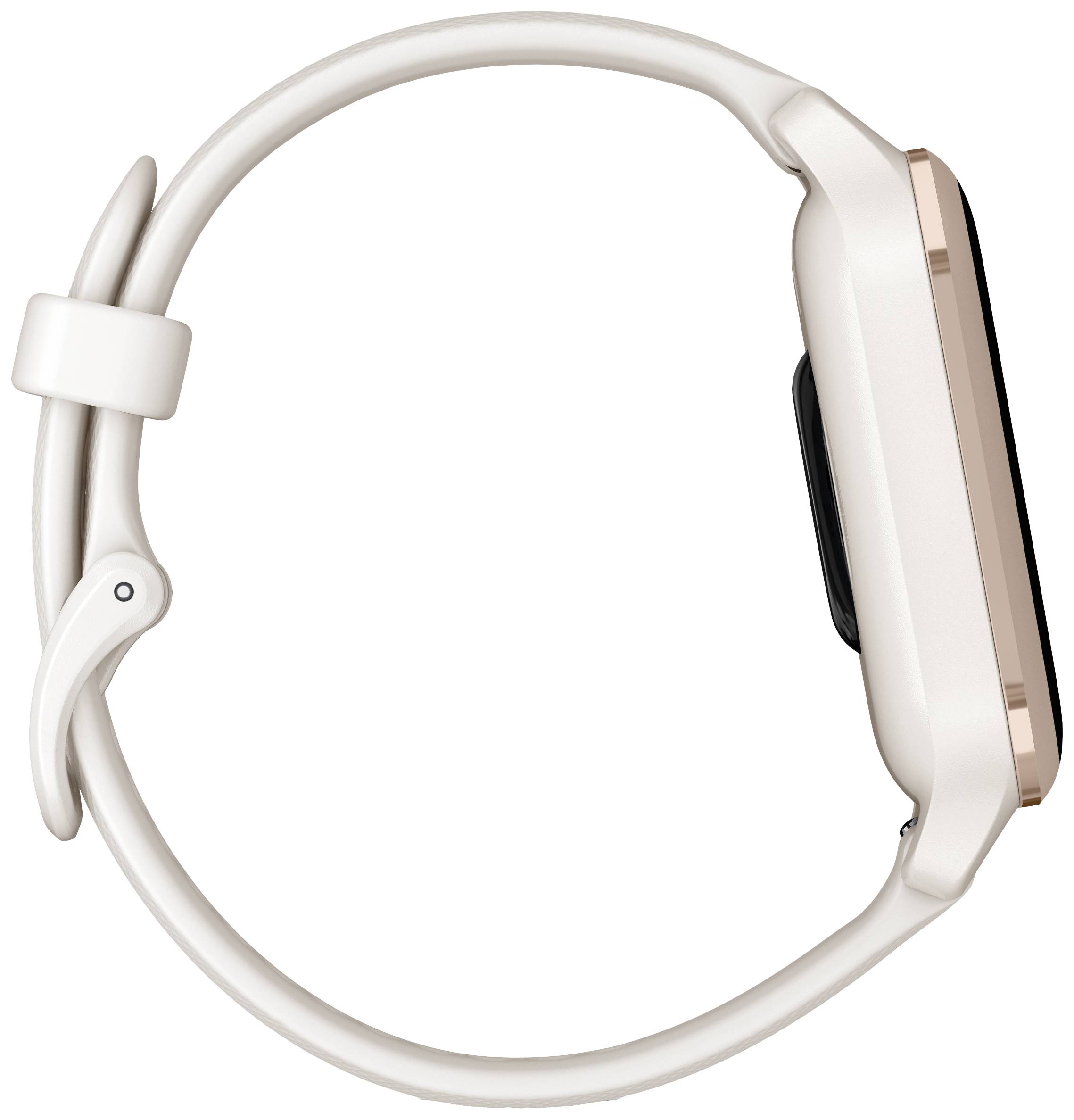 Eine roségoldene Smartwatch mit weißem Armband, seitliche Ansicht, zeigt das flache Design der Uhr.