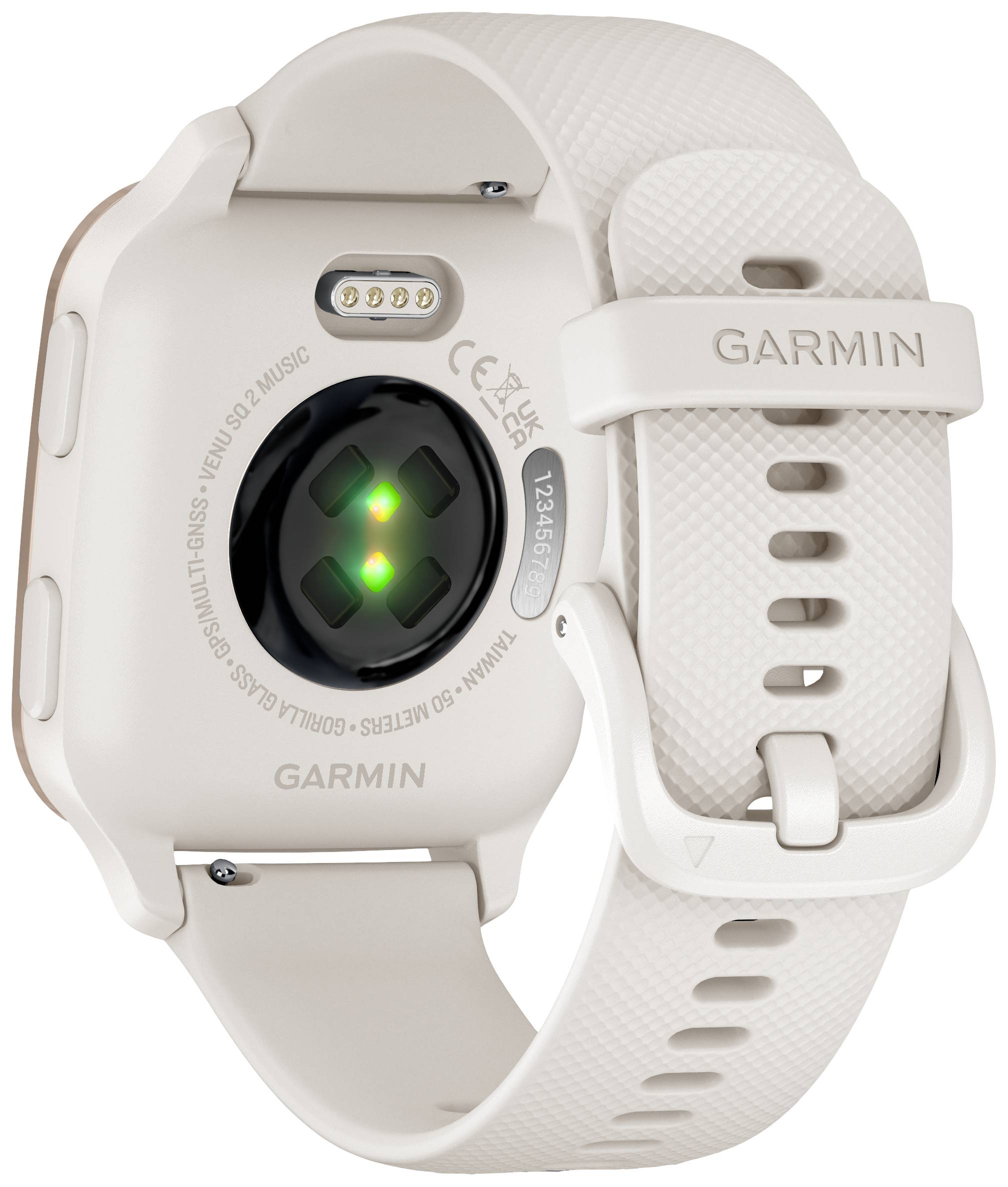 Rückseite einer Smartwatch mit Sensoren und Herzfrequenzmesser. Beigefarbene Armbanduhr von Garmin mit geprägtem Markennamen.
