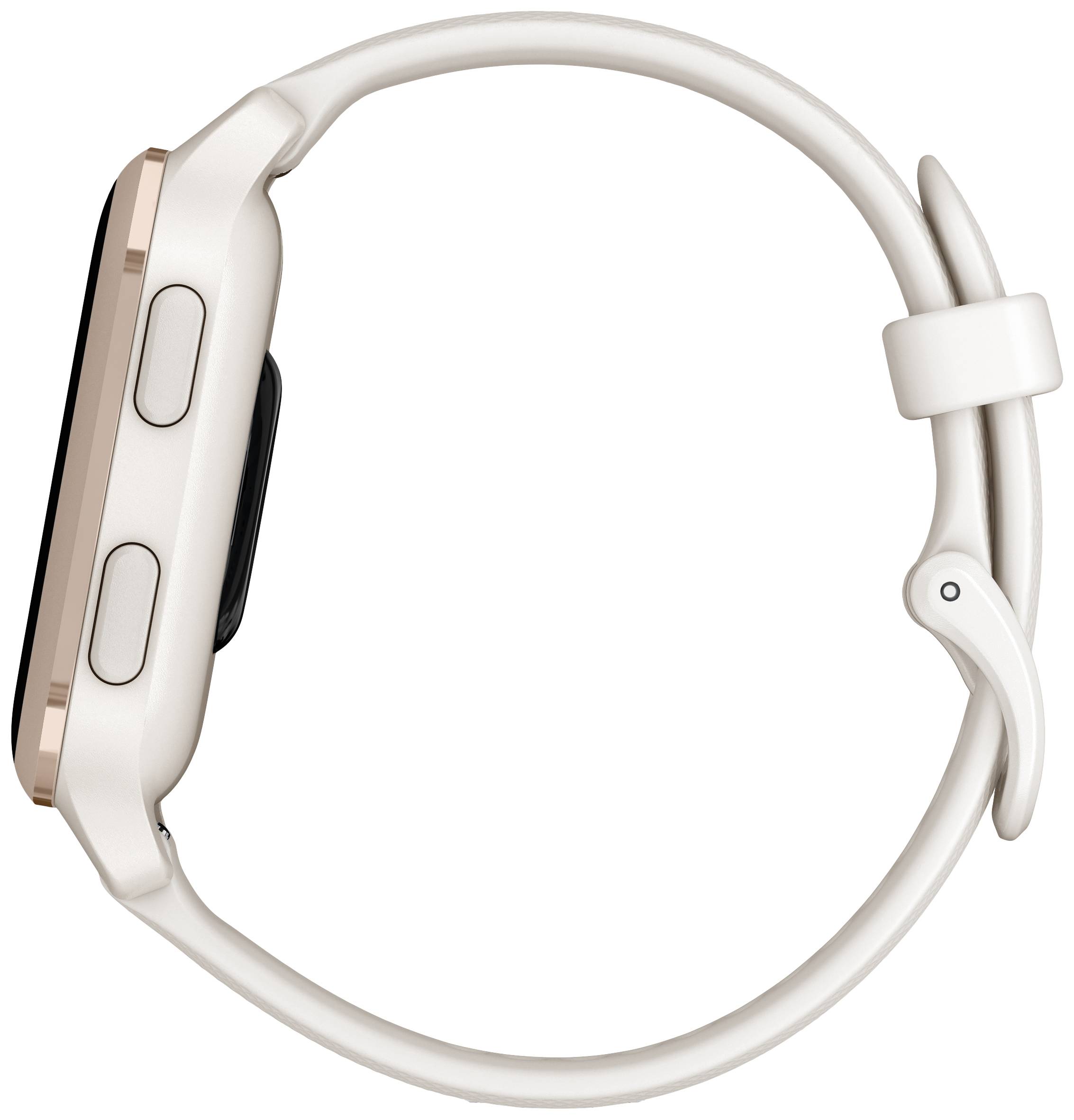 Eine Smartwatch mit goldfarbenem Gehäuse seitlich gezeigt. Sie hat zwei Knöpfe und ein beiges Armband mit Schnalle.