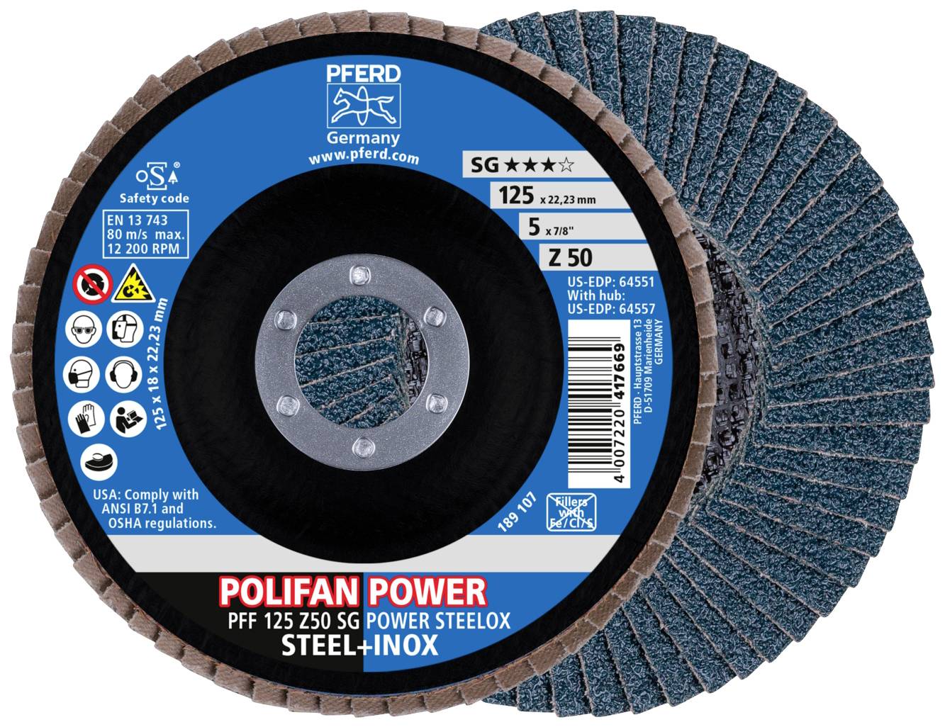 Schleifscheibe mit blauen Lamellen und Metallmitte. Markenname 'Polifan Power', geeignet für Stahl und Inox. Durchmesser 125 mm.
