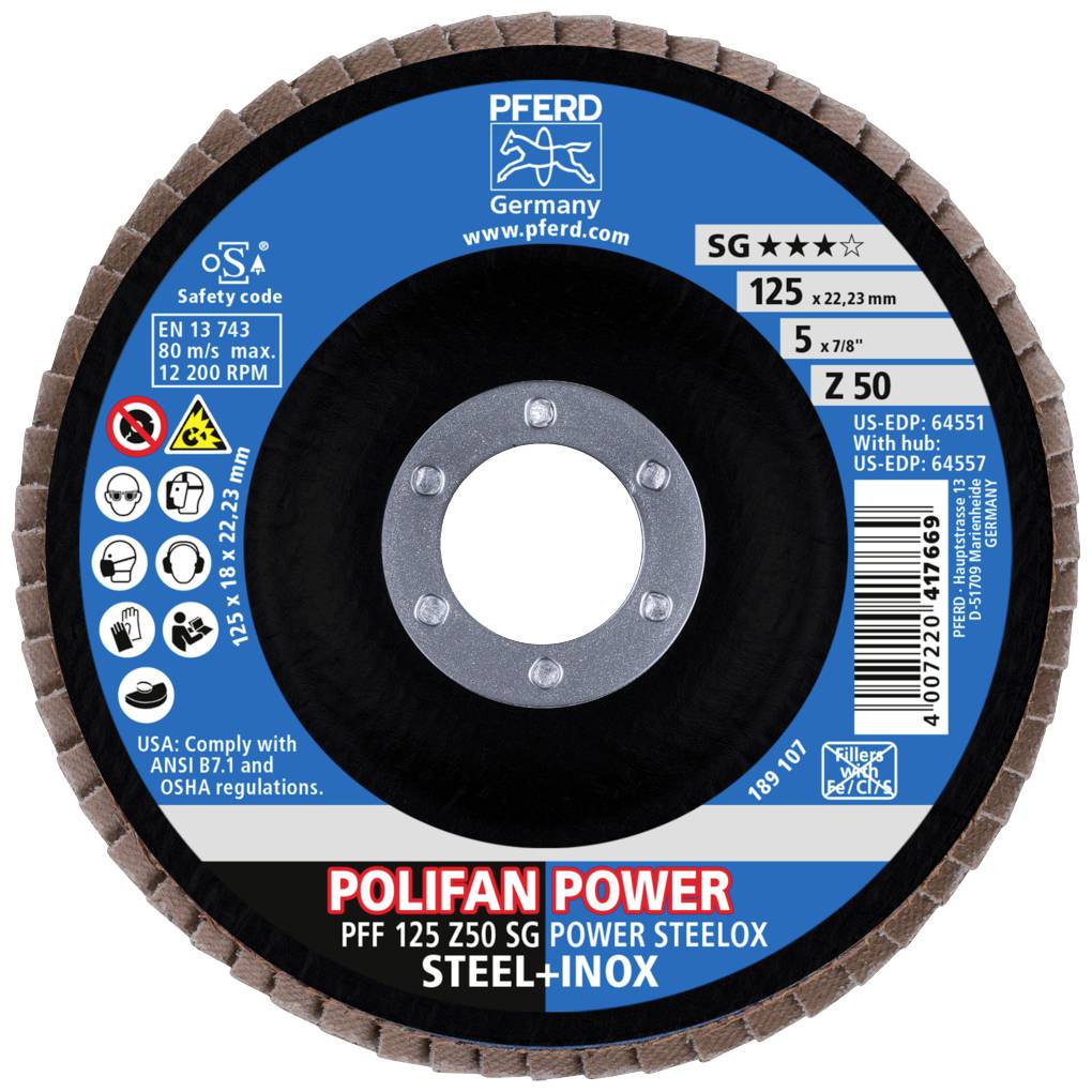 Schleifscheibe 'Polifan Power' für Stahl und Edelstahl, Durchmesser 125 mm, max. 12250 U/min, von Pferd Germany.