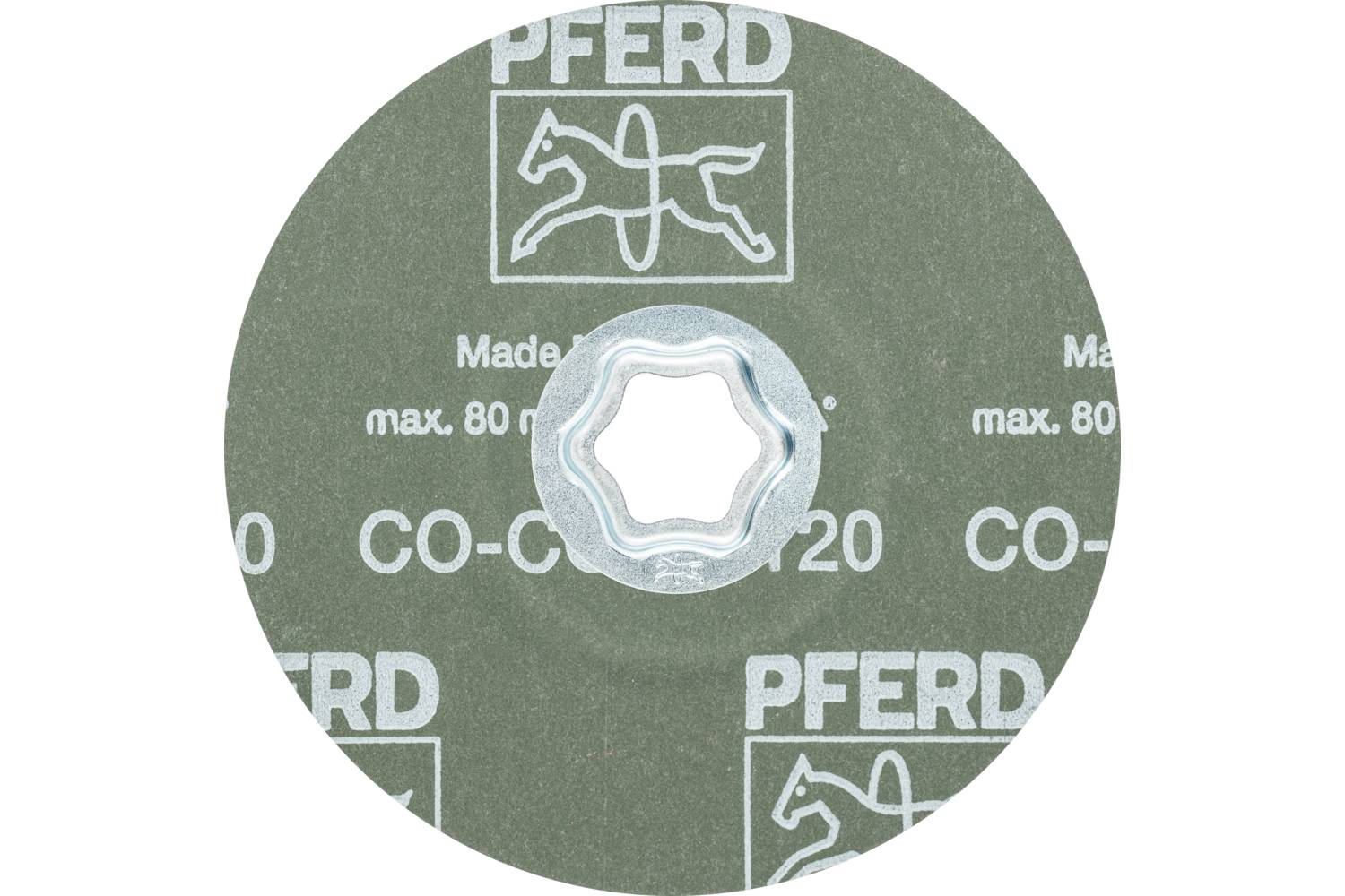Schleifscheibe von PFERD, grün, mit zentralem Loch; für Metallbearbeitung; max. 80 m/s. Enthält Text: 'CO-Cool 120'.