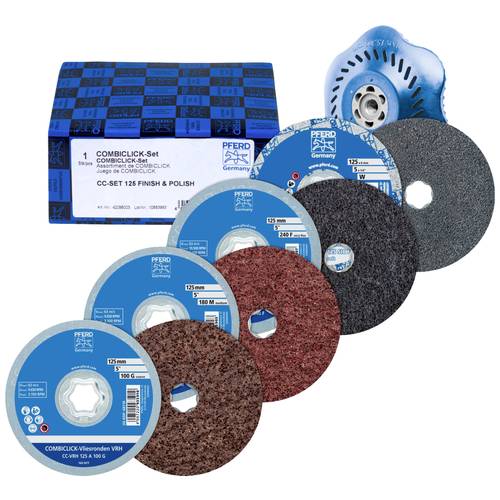 PFERD TOOLS 42098003 COMBICLICK-Vliesronden-Set Ø125mm VRH A100C, 180M, 240F und PNER W F mit CC-H-GT-Stützteller für Fi...