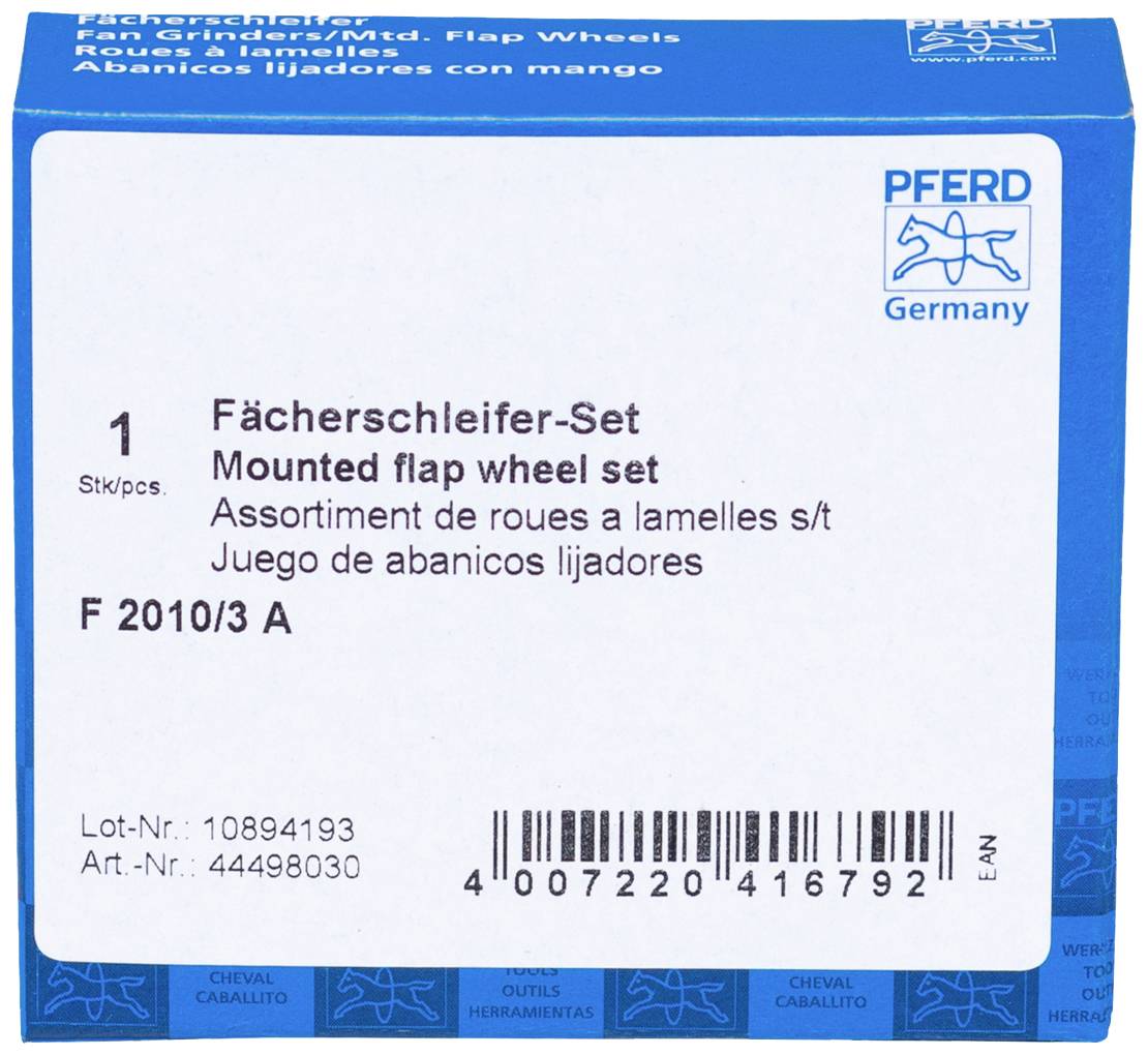 Verpackung eines 'Fächerschleifer-Sets' mit Produktinformationen; enthält Schleifscheiben, Marke PFERD; blauer Hintergrund, Barcode unten.