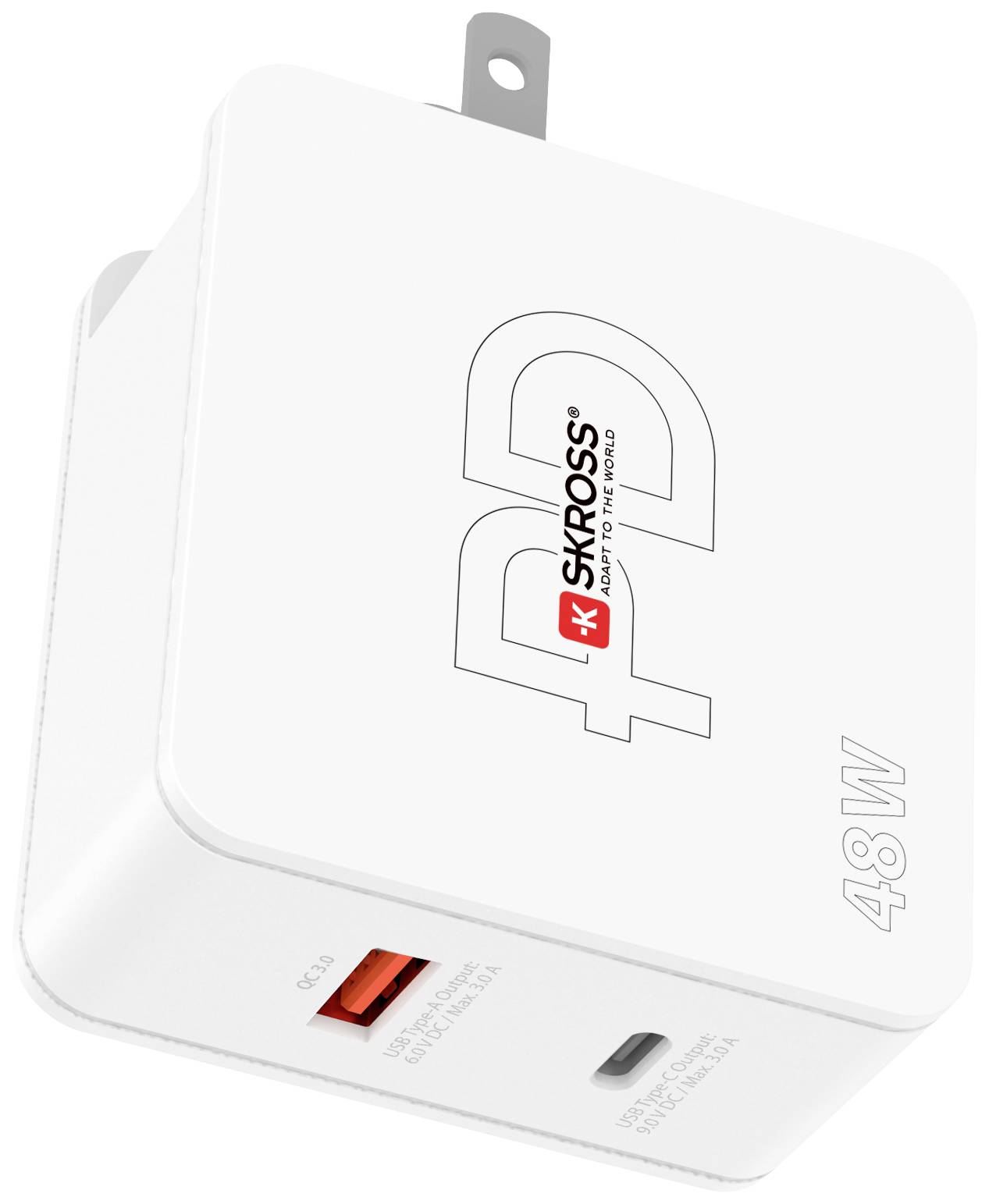 Weißes SKROSS 48W Netzladegerät mit USB- und USB-C-Anschlüssen zur gleichzeitigen Aufladung mehrerer Geräte.
