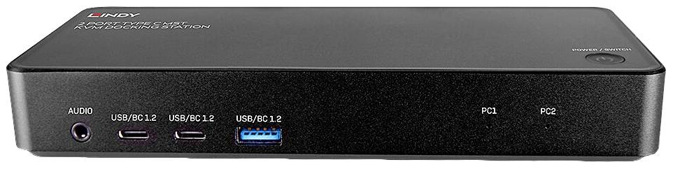 Schwarz-graues Computergerät mit Anschlüssen: Audio, zwei USB-C 3.2, ein USB-A 3.2 und zwei PCoIP-Anschlüsse, Vorderansicht.