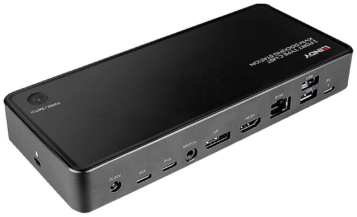 Eine schwarz glänzende Laptop-Dockingstation mit mehreren Anschlüssen, darunter HDMI, USB und Ethernet, zur Erweiterung von Anschlussmöglichkeiten.