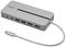 Ein silberner USB-C-Hub mit mehreren Anschlüssen: USB-C, zwei USB 3.0 und zwei HDMI. Verbindet verschiedene Geräte mit einem Computer.