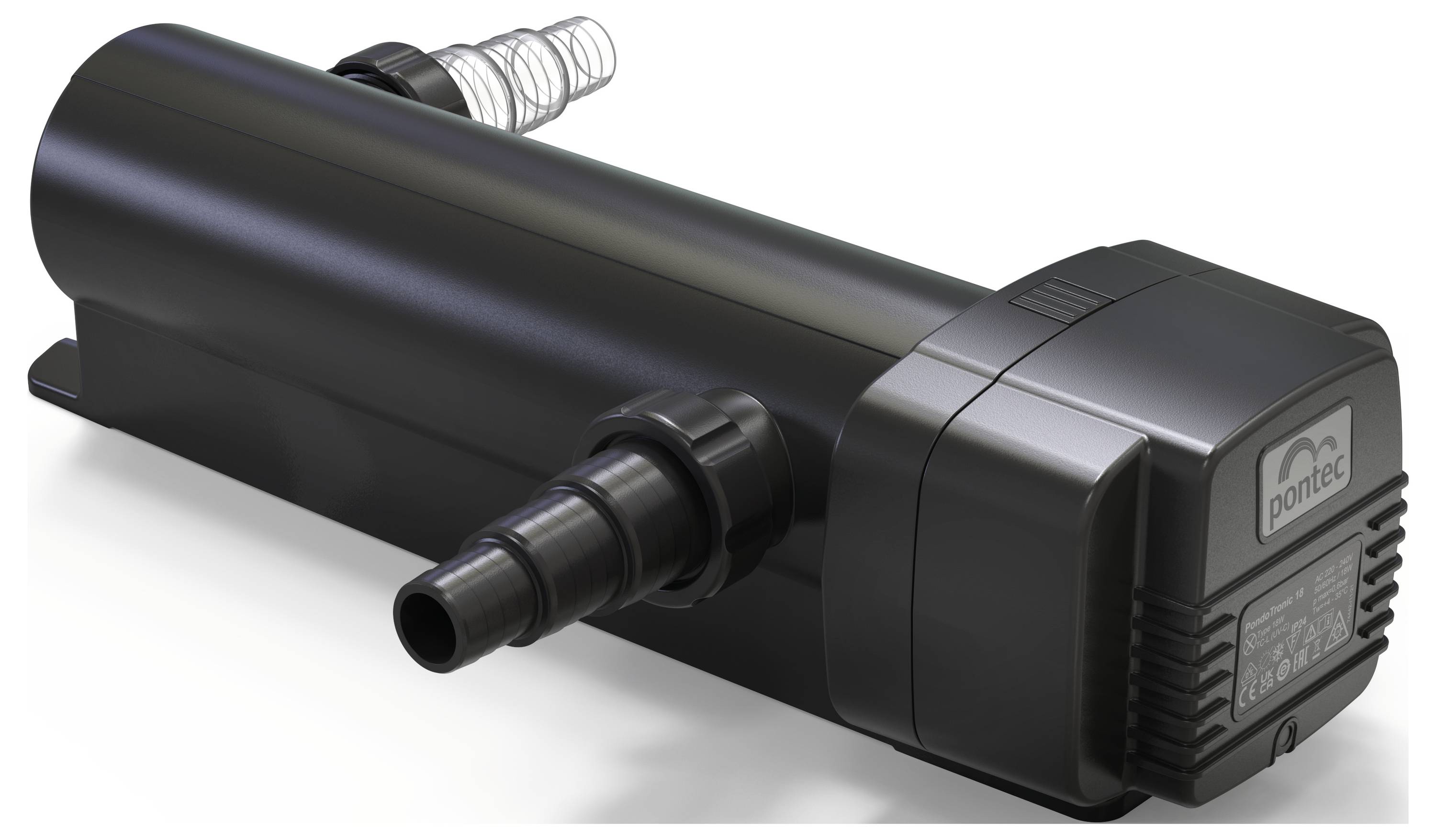 Eine schwarze zylindrische Wasserpumpe mit einem Rohrverbinder an einem Ende, mit der Marke „Pontec" gekennzeichnet. Konstruiert für Aquarien oder Wasserfontänen.