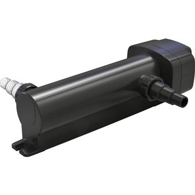 Ein schwarzer zylindrischer UV-Sterilisator mit zwei Schlauchverbindungen an den Seiten, verwendet zur Reinigung von Wasser in Aquarien oder Teichen.