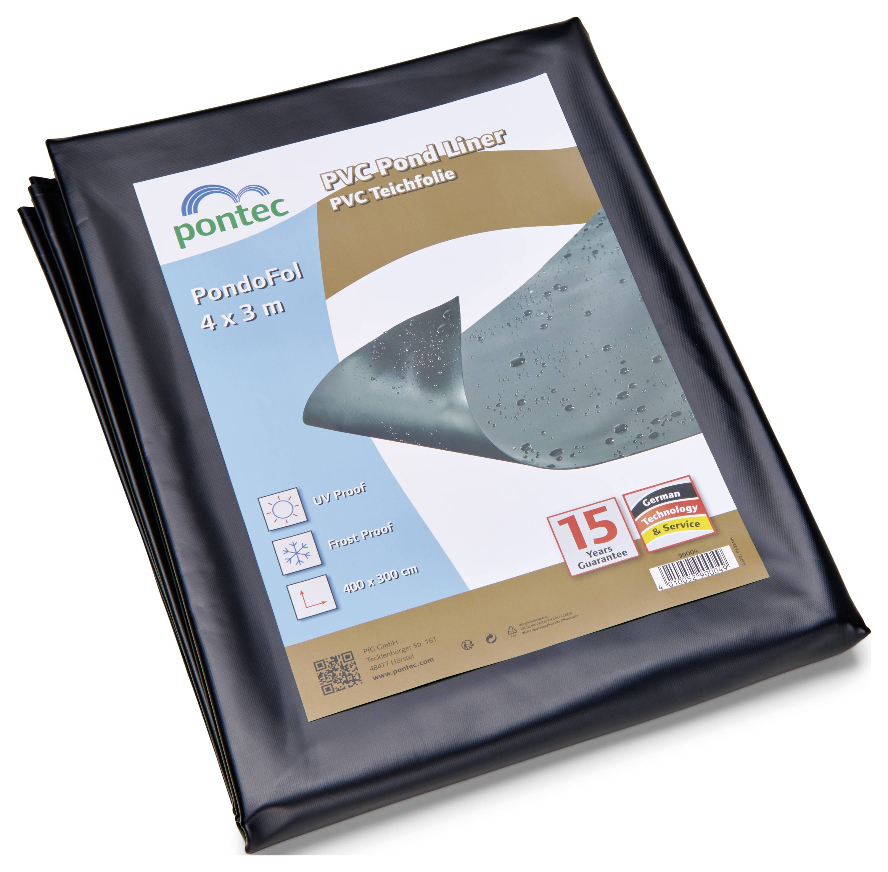 PVC-Teichfolie, bezeichnet als 'Pontec Pondofol 4 x 3 m', mit UV-Schutz und 15-jähriger Garantie.