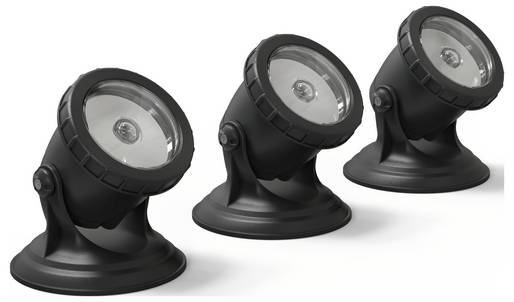 Drei schwarze, robuste und wasserdichte LED-Strahler mit klaren Linsen.