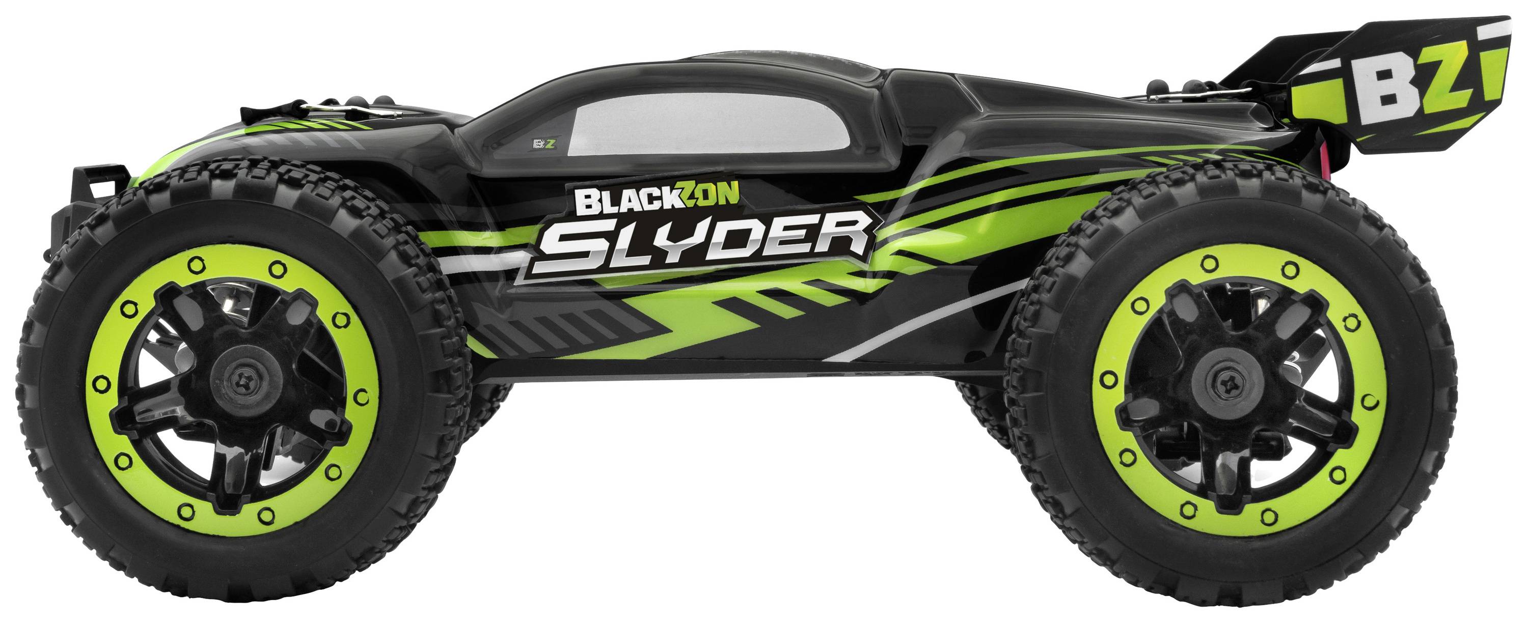 Spielzeugauto im Rennstil, schwarz-grün mit der Aufschrift 'BlackZon Slyder'. Großformatige Reifen, aerodynamisches Design.