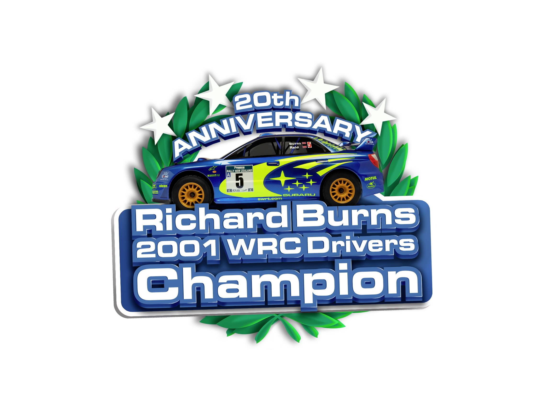 '20th Anniversary Richard Burns 2001 WRC Drivers Champion' mit einem Rennauto und Lorbeerkranz.