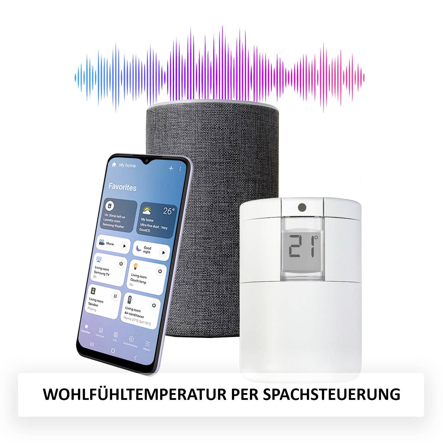 Smartphone zeigt Smart-Home-App, daneben Lautsprecher und Thermostat. Text 'WOHLFÜHLTEMPERATUR PER SPRACHSTEUERUNG'.