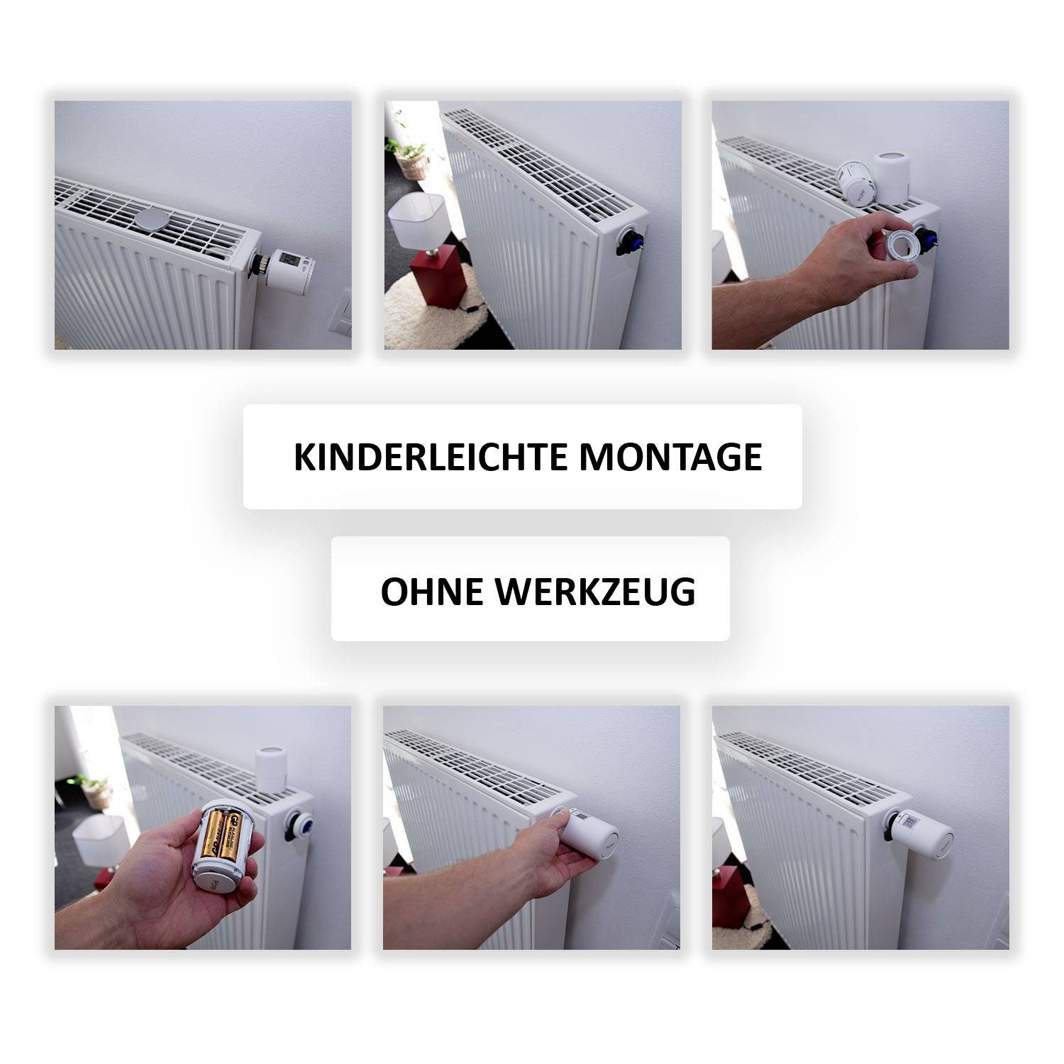 'Bild zeigt die einfache Montage eines Heizkörperthermostats ohne Werkzeug. Schritte: Altgerät abdrehen, Batterien einlegen, neues Thermostat aufschrauben.'