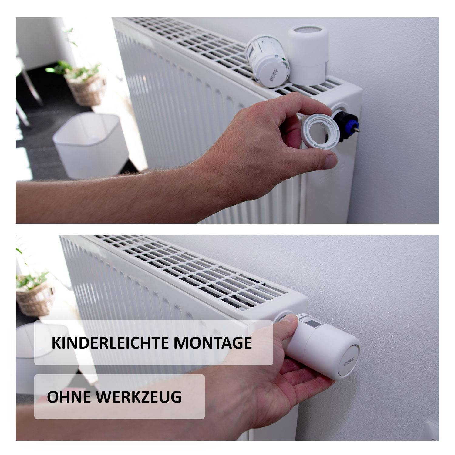 Zwei Bilder zeigen die Montage eines Thermostatventils an einem Heizkörper. Oben wird das alte Ventil entfernt, unten das neue aufgesetzt. Texte: 'Kinderleichte Montage' und 'Ohne Werkzeug'.
