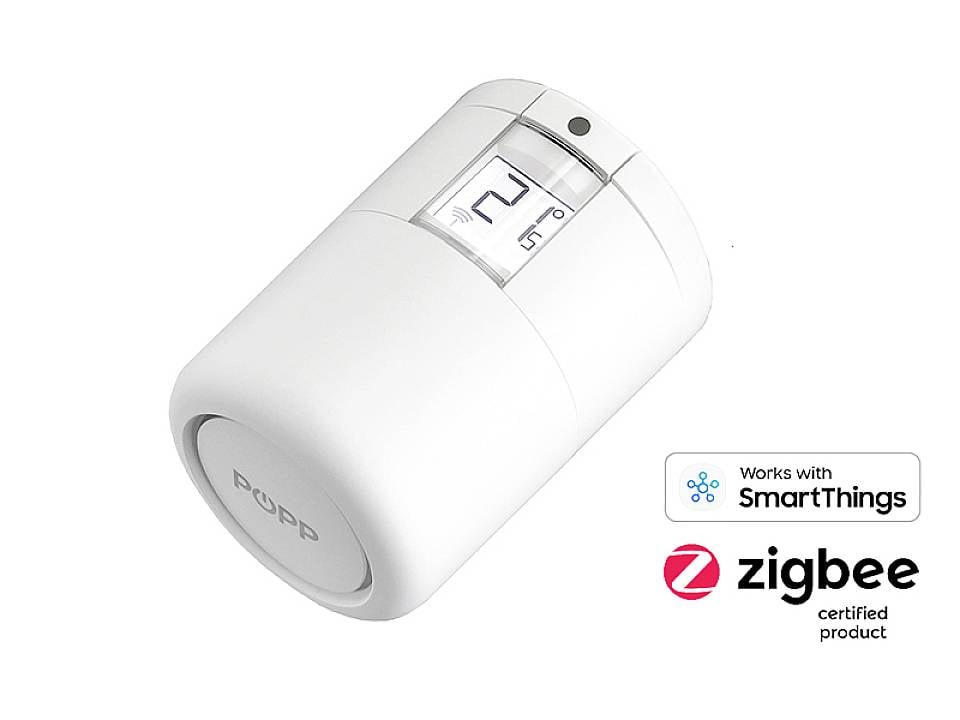 Ein weißes, rundes Smart-Heizkörperthermostat mit Display zeigt '21°C'. Logos: 'Works with SmartThings' und 'zigbee certified product'.
