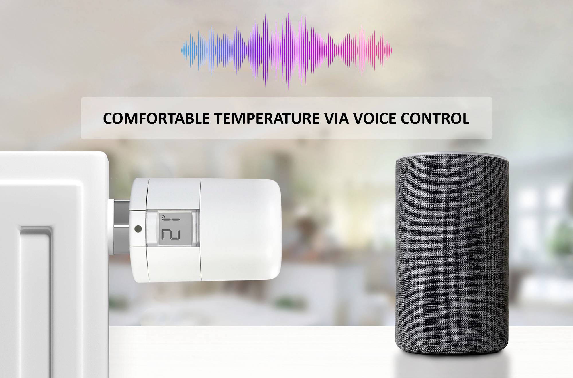 Ein Thermostat wird über Sprachsteuerung mit einem Lautsprecher gekoppelt. Text: 'Comfortable temperature via voice control'.