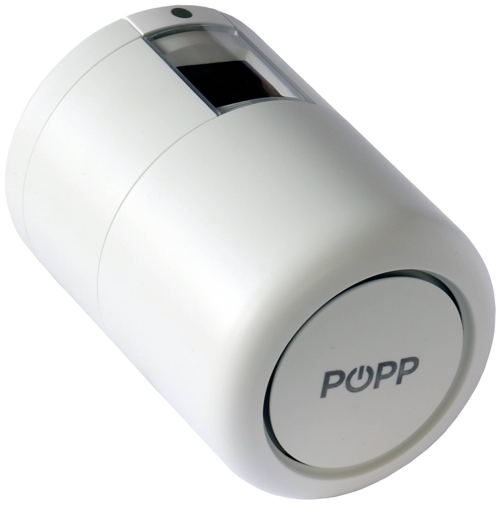 Weißer, zylindrischer Heizkörperthermostat mit Display auf der Oberseite und dem Logo 'POPP'. Zur Steuerung von Raumtemperaturen.