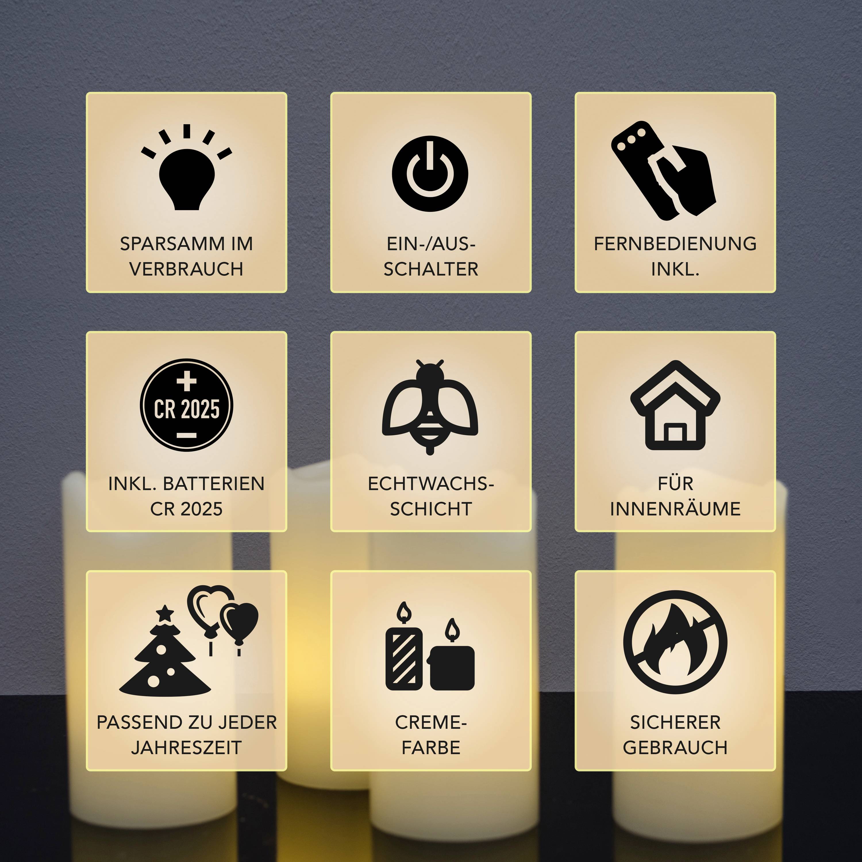 Neun Icons, die Funktionen von Kerzen zeigen: sparsam, An-/Ausschalter, Fernbedienung, Batterien, Echtwachs, Innenräume, saisonal, cremefarben, sicher.