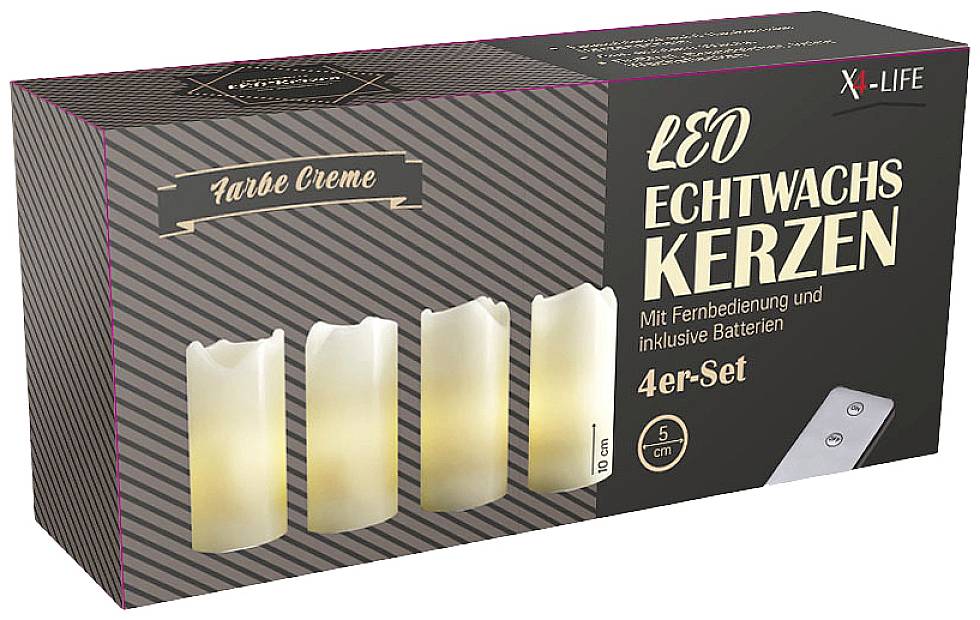 Verpackung eines 4er-Sets LED-Kerzen aus Echtwachs in Cremefarbe mit Fernbedienung. Kerzenhöhe: 10 cm, Durchmesser: 5 cm.