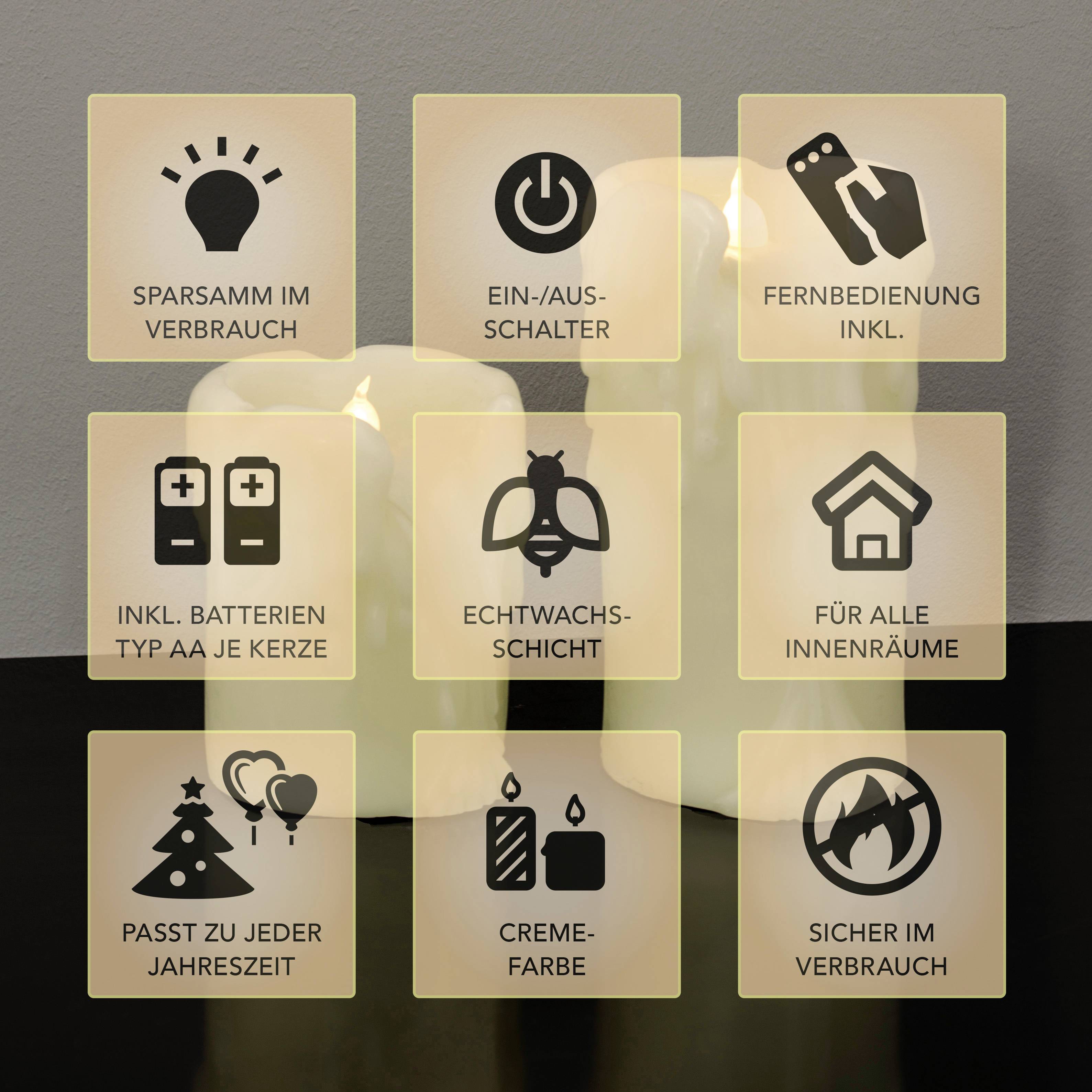 'Diagramm mit neun Symbolen: sparsamer Verbrauch, Ein-/Aus-Schalter, Fernbedienung inklusive, Batterien inklusive, Echtwachsschicht, für Innenräume, passend zu jeder Jahreszeit, creme-farbe, sicher im Verbrauch' vor Hintergrund mit drei Kerzen.