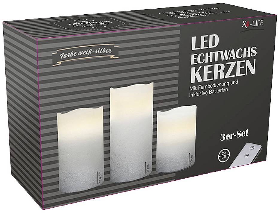 Verpackung eines 3er-Sets LED-Echtwachskerzen in Weiß-Silber mit Fernbedienung und Batterien. 24 Stunden Timer, Marke X-LIFE.