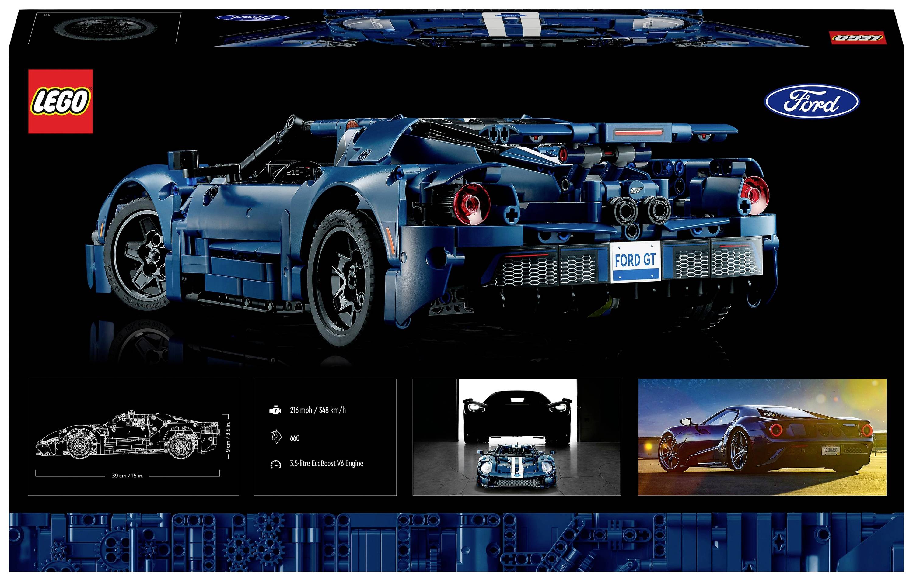 LEGO-Bausatz des Ford GT auf schwarzem Hintergrund. Enthält Baubilder und ein Foto des echten Autos. Verpackung zeigt fertiges Modell.