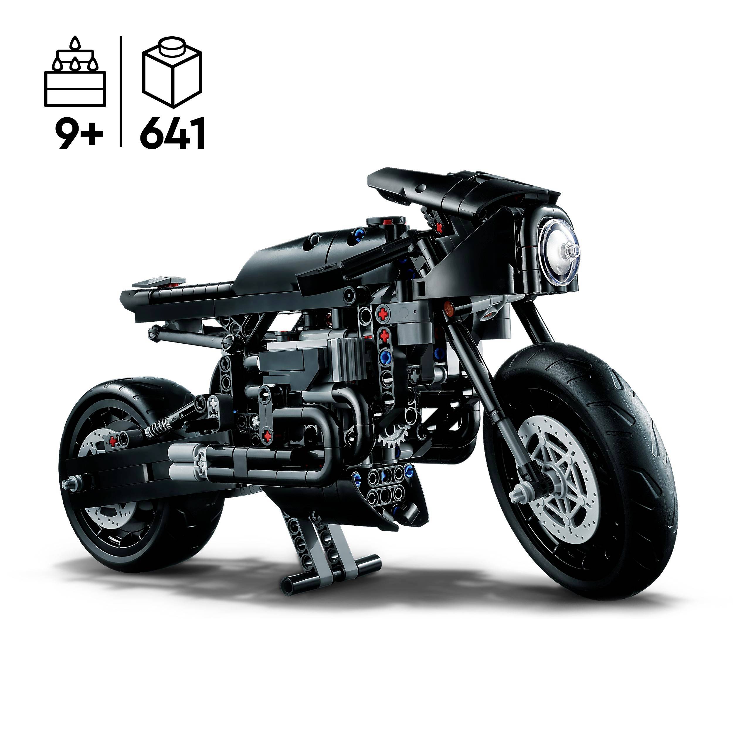 Lego-Motorradmodell mit 641 Teilen, geeignet für Kinder ab 9 Jahren. Detailliertes Design mit realistischen Funktionen wie Lenkung und Federung.
