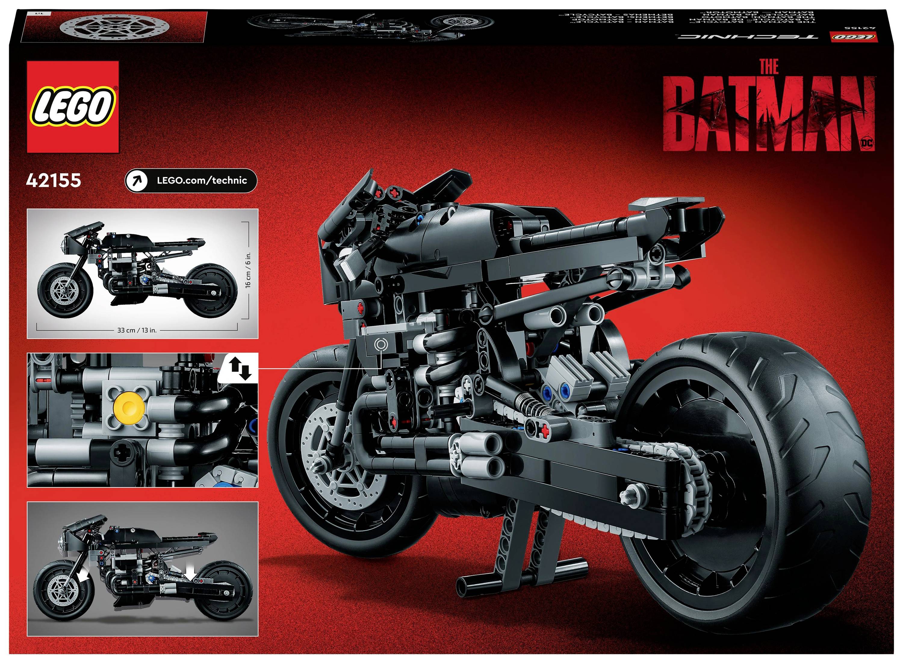 LEGO-Technic-Set 42155, 'The Batman'-Motorrad. Zeigt detaillierte Bauanleitungen und Modellansichten auf rotem Hintergrund.