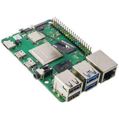 Ein grünes Einplatinencomputerboard mit mehreren Anschlüssen und elektronischen Komponenten, genutzt für verschiedene technische Anwendungen.
