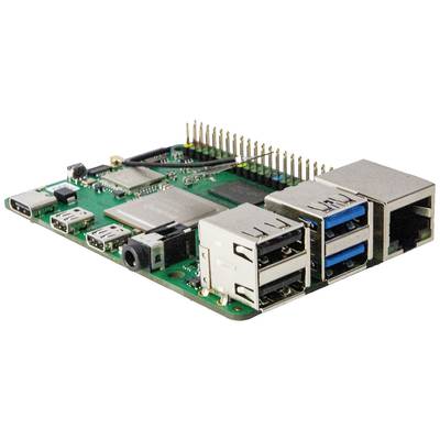 Eine kleine grüne Platine mit zahlreichen Anschlüssen und Steckverbindern, darunter USB-Ports und Ethernet-Anschluss.