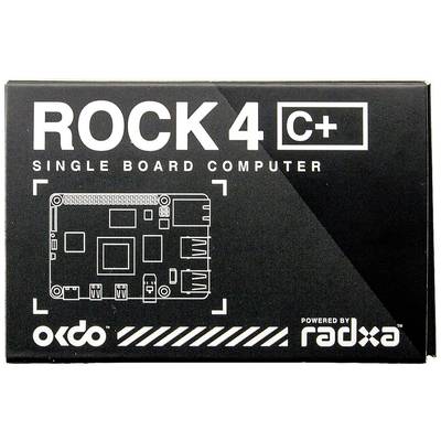 Auf der Verpackung steht 'ROCK 4 C+ Single Board Computer' von Okdo und Radxa. Ein Diagramm des Computers ist abgebildet.